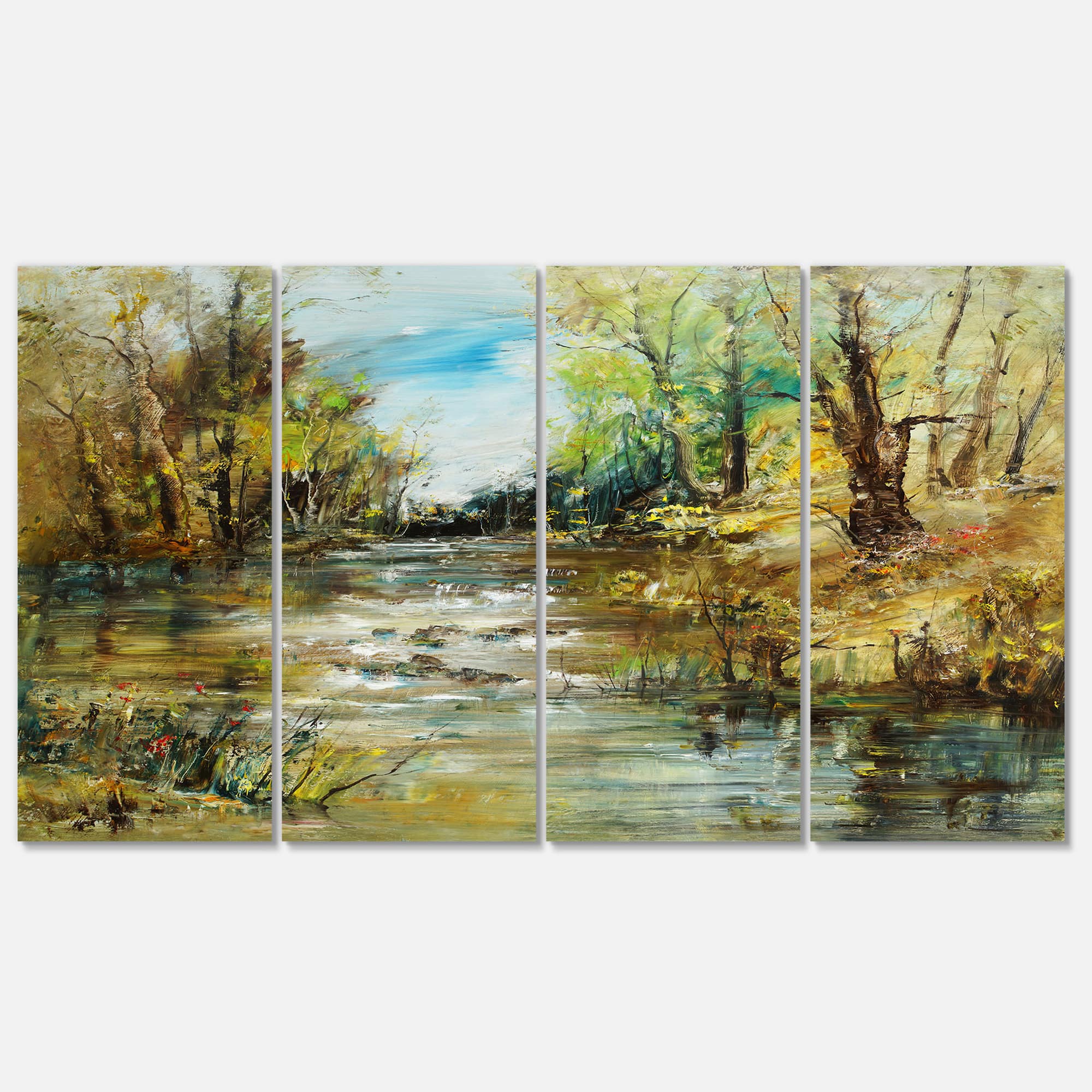 Designart - Trees by the River - Landscapes Painting Print on Wrapped Canvas set