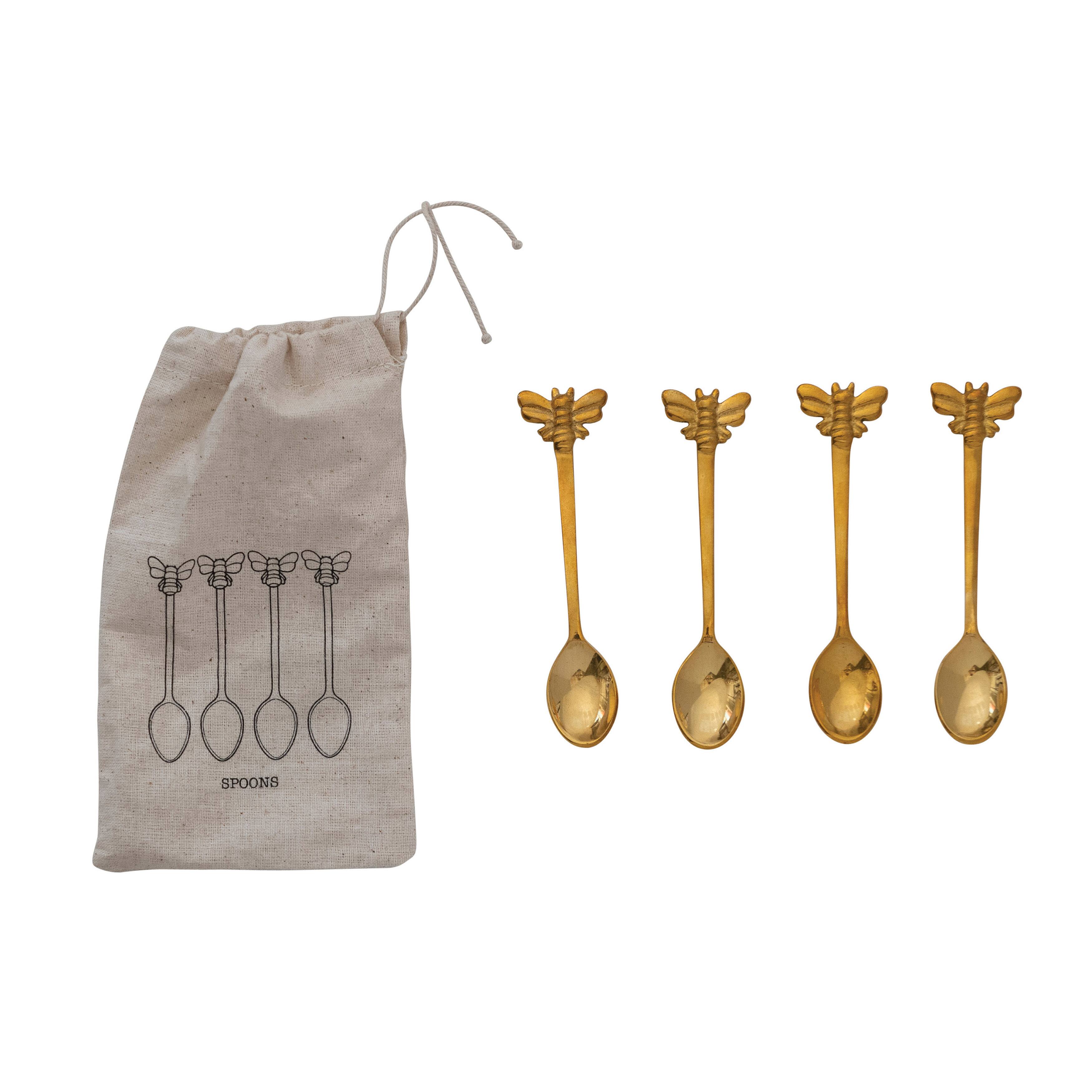 Hello Honey® Farmhouse Brass Spoons with Bee Handles Set in Drawstring Bag