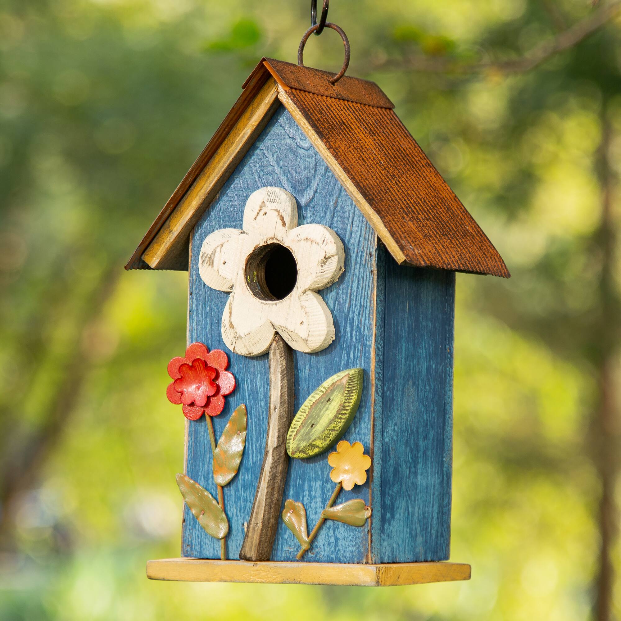 Glitzhome&#xAE; 10.25&#x22; Retro Blue Distressed Flower Birdhouse