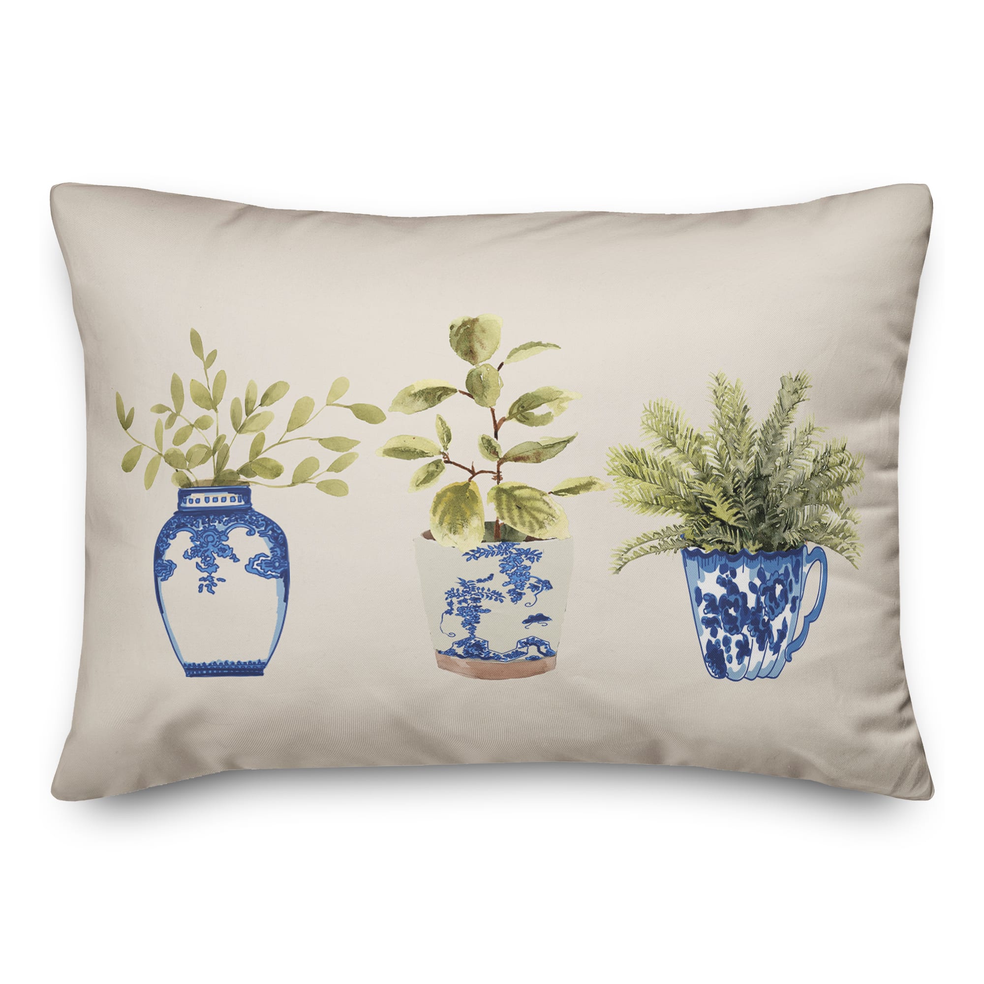 Potted Plants Blue White 14&#x22; x 20&#x22; Throw Pillow