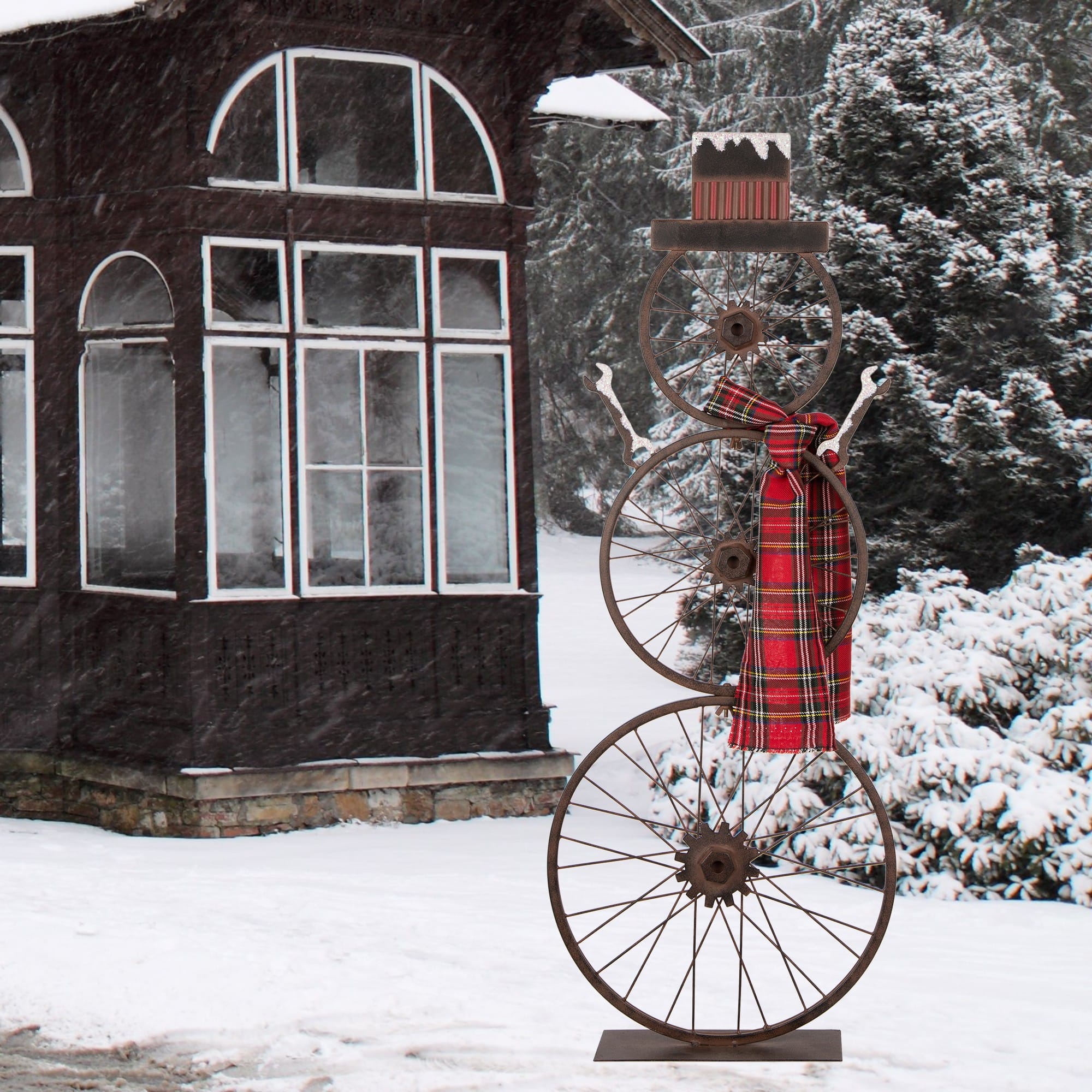 Glitzhome&#xAE; 34&#x22; Metal Bike Wheel Snowman with Plaid Scarf Porch D&#xE9;cor