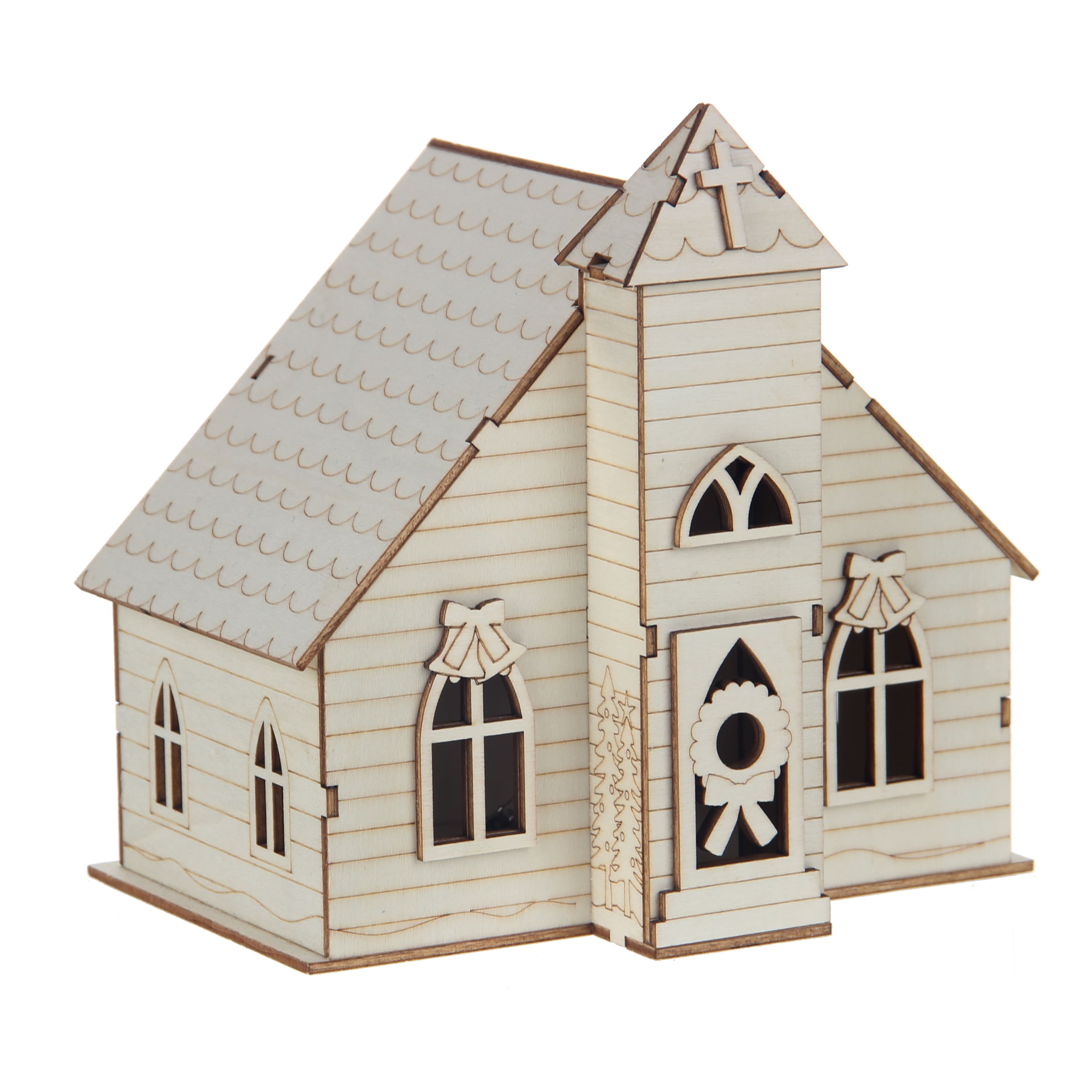 6.5&#x22; Unfinished Village Church DIY LED Wood D&#xE9;cor by Make Market&#xAE;