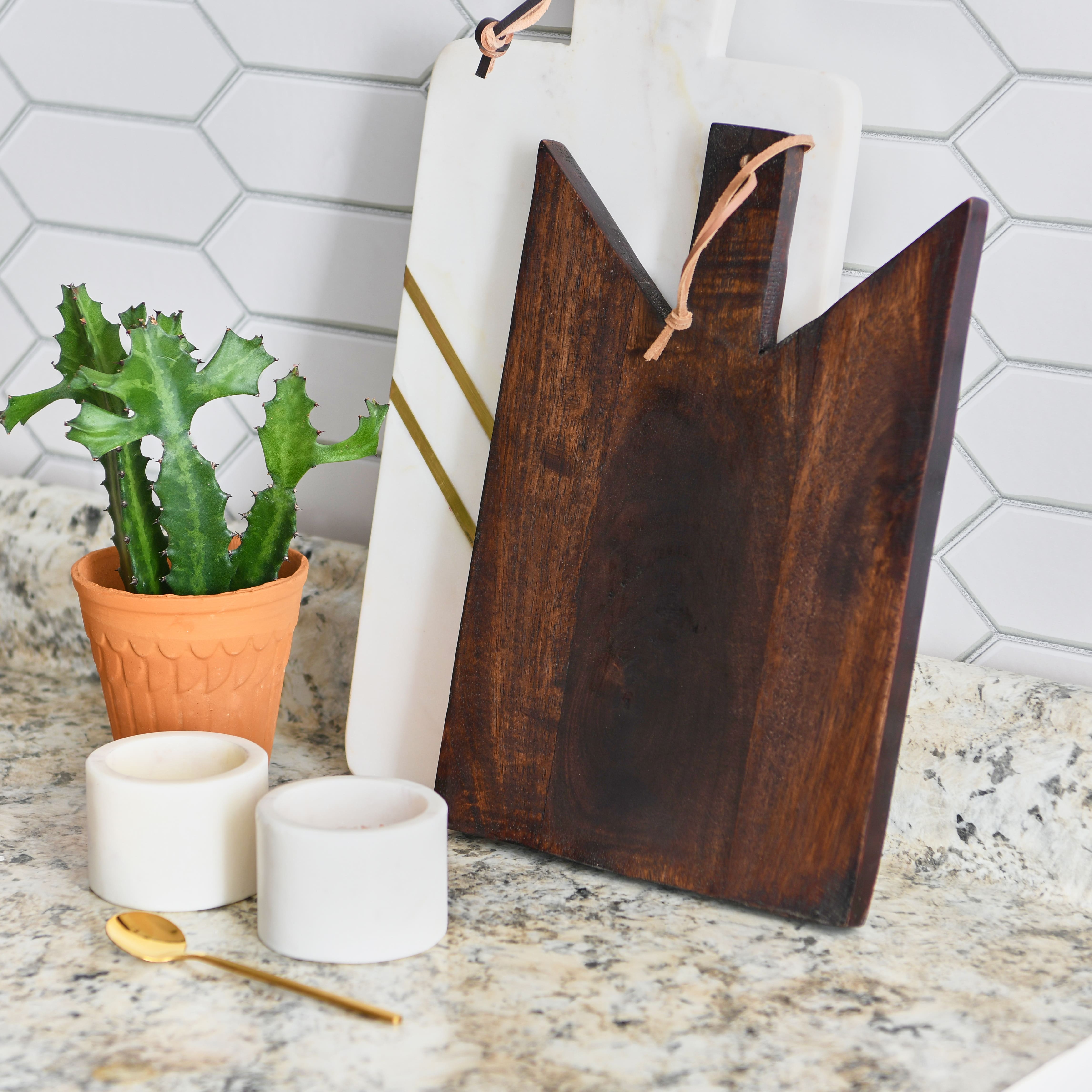 12&#x22; Walnut Geometric Wood Cutting Board with Leather Tie