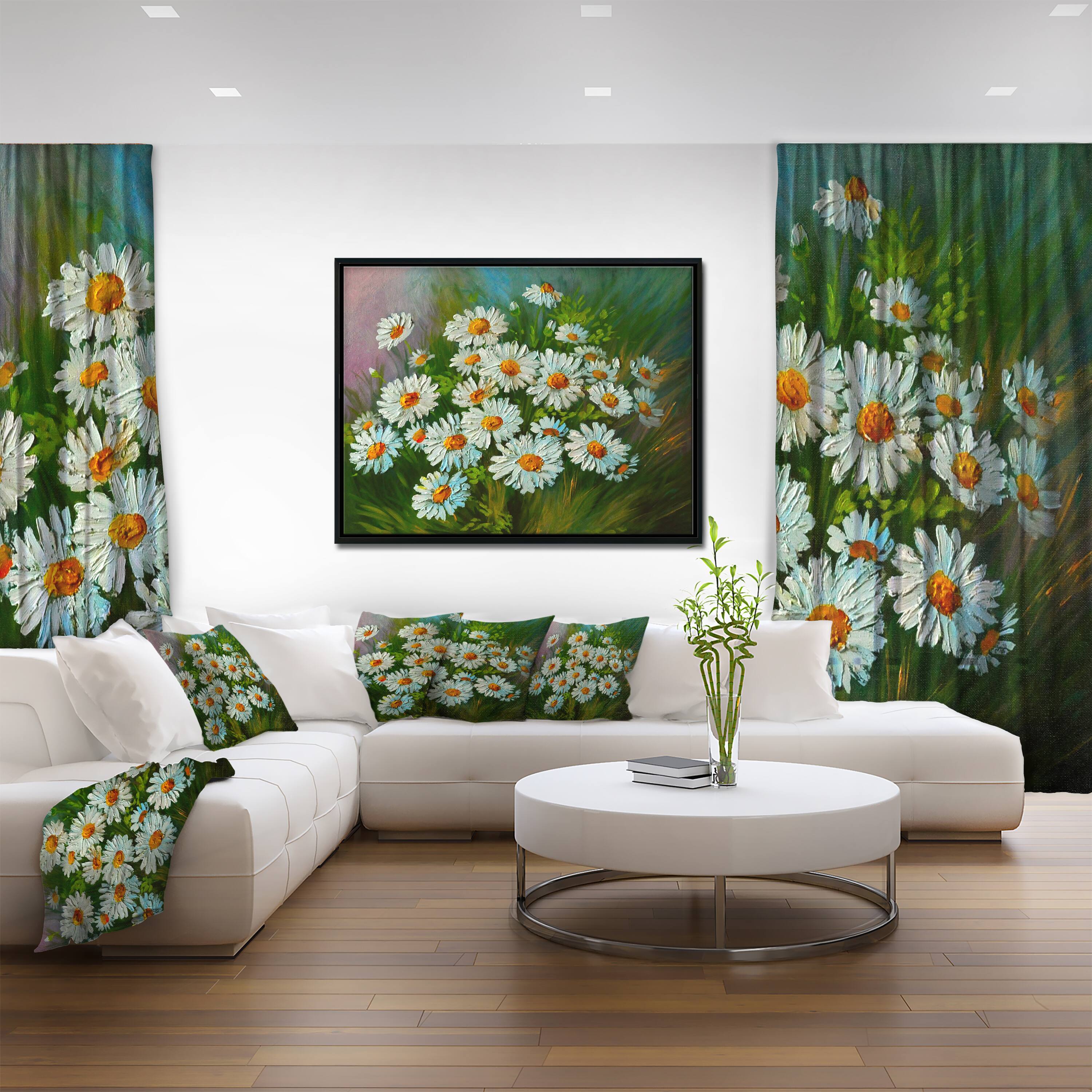Designart - Heavily Textured Daisies Art - Floral Art Canvas Print in Black Frame