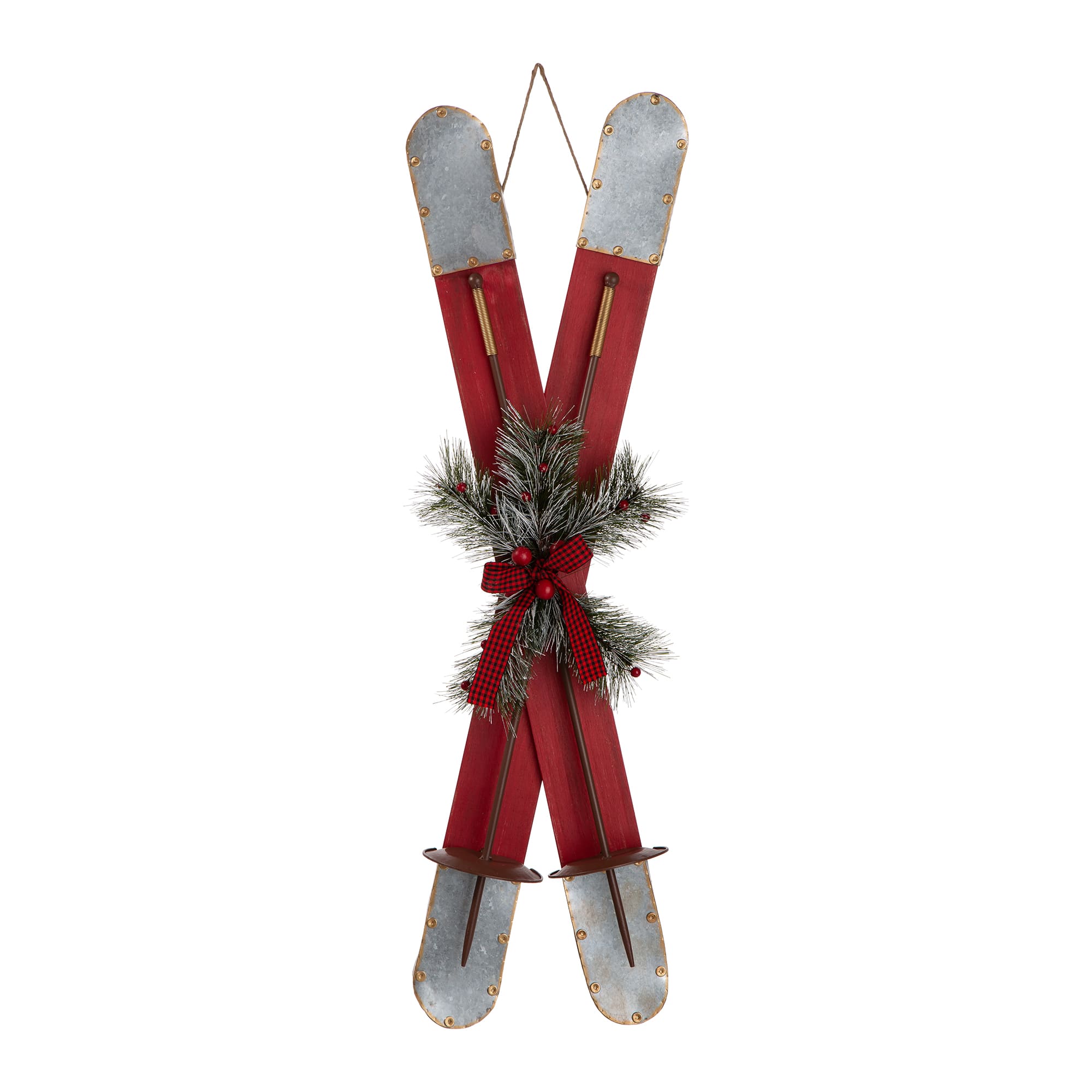 Glitzhome&#xAE; 35&#x22; Red Wooden &#x26; Galvanized Ski Porch D&#xE9;cor