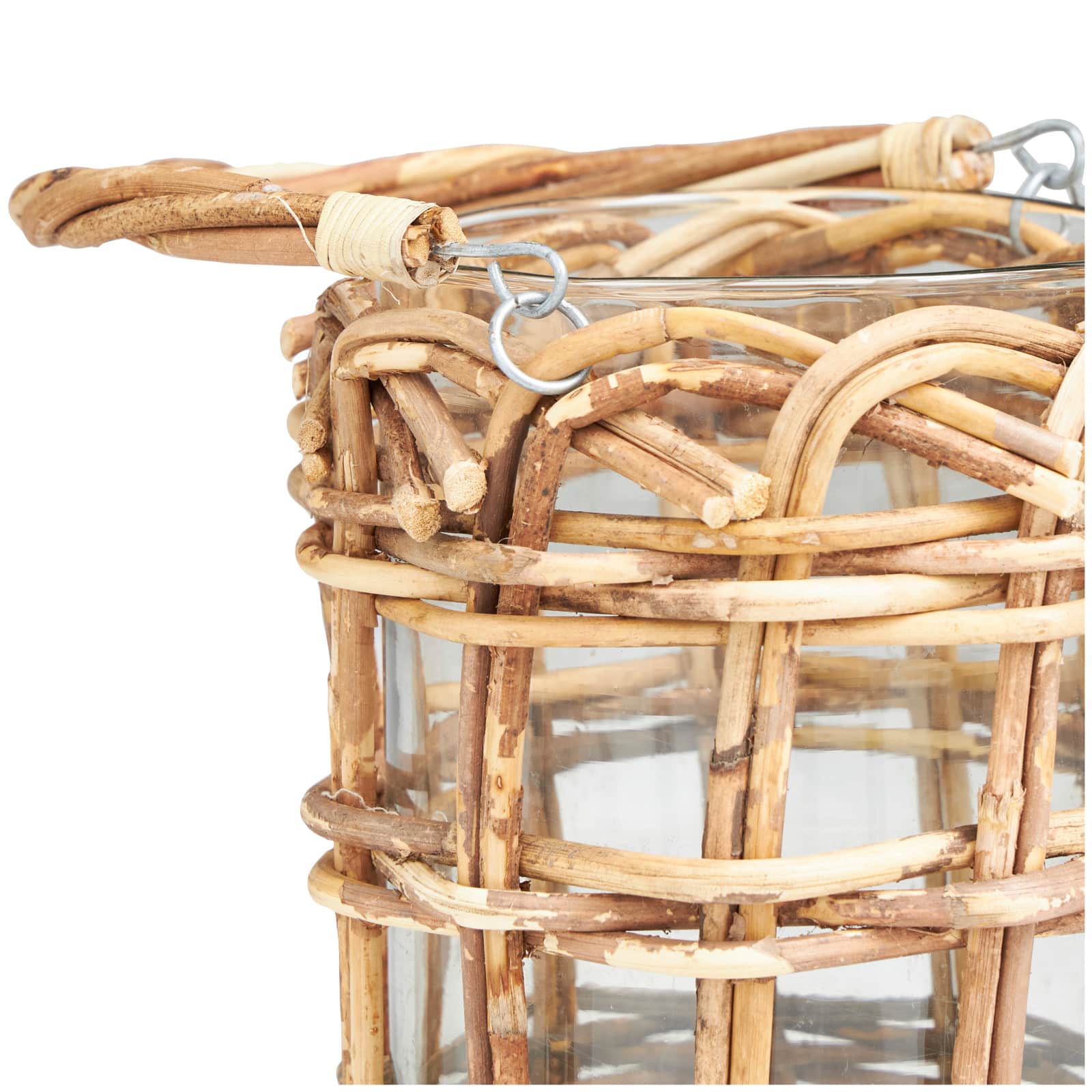 8" Clear Glass Handmade Candle Lantern with Brown Rattan Woven Exterior & Twisted Handle