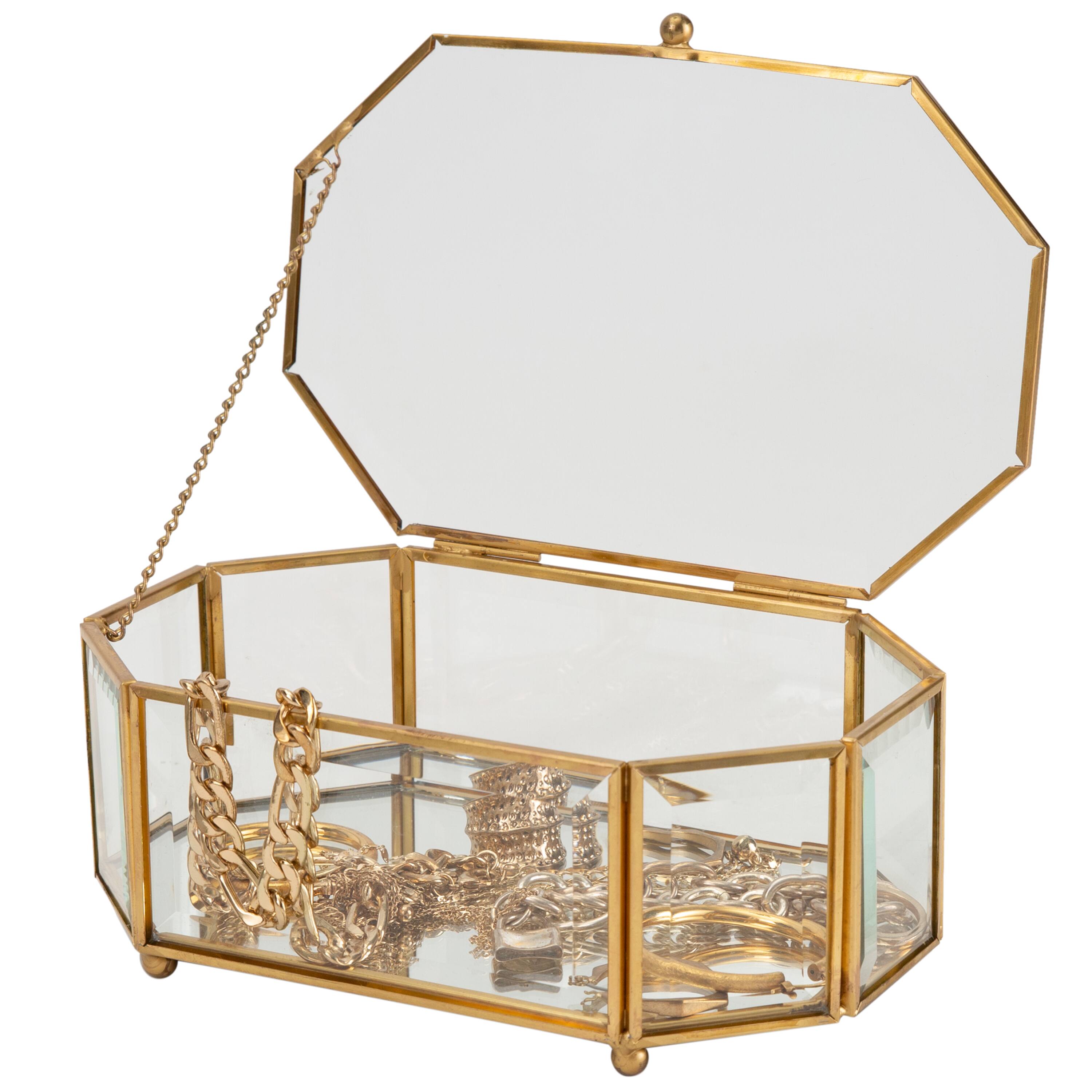 Home Details Large Gold Vintage Mirrored Bottom Octagonal Glass Keepsake Box
