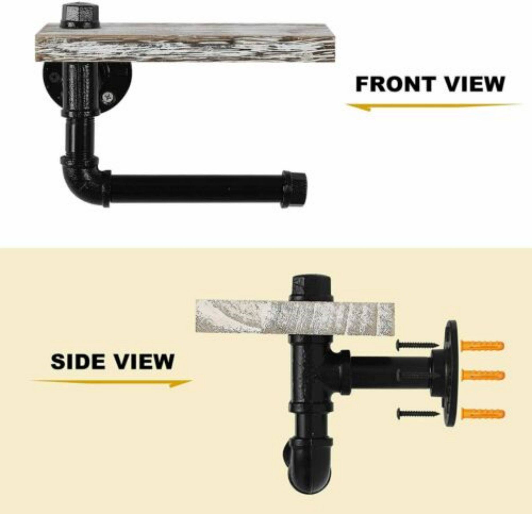 Black Industrial Wall-Mounted Rustic Toilet Paper Holder with Wood Shelf