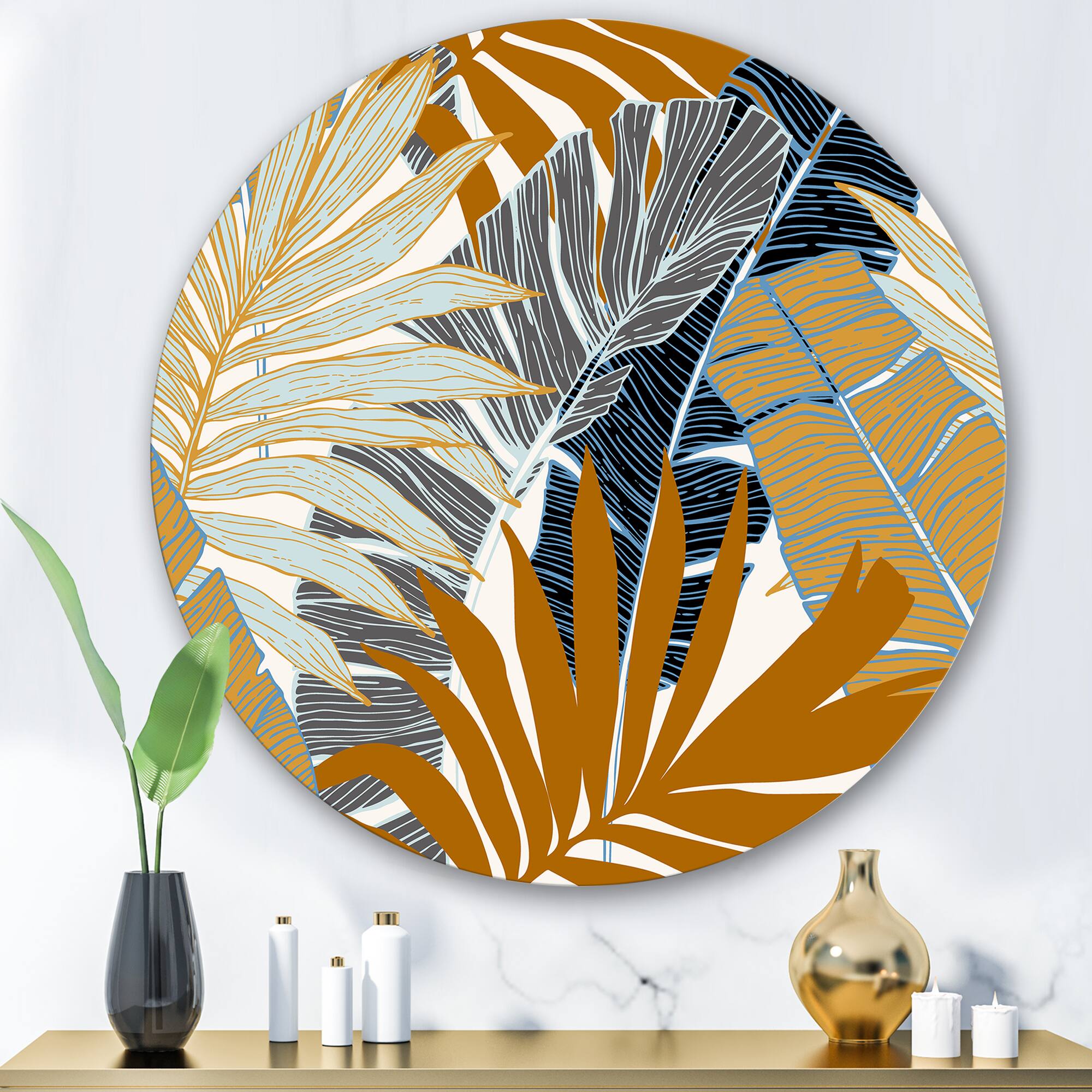 Designart - Abstract Tropical Summer Palm Tree &#x26; Banana Leaves - Modern Metal Circle Wall Art