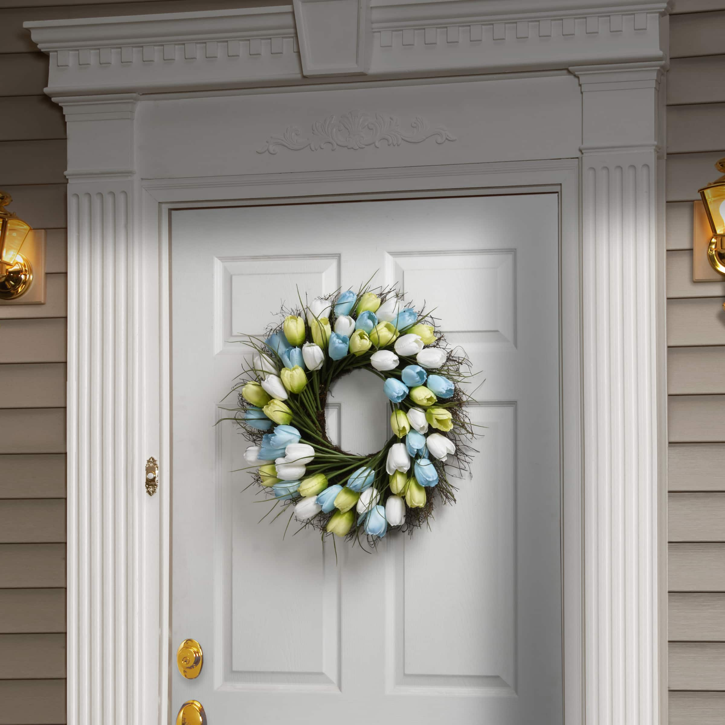 22&#x22; White, Blue, &#x26; Green Spring Tulip Wreath