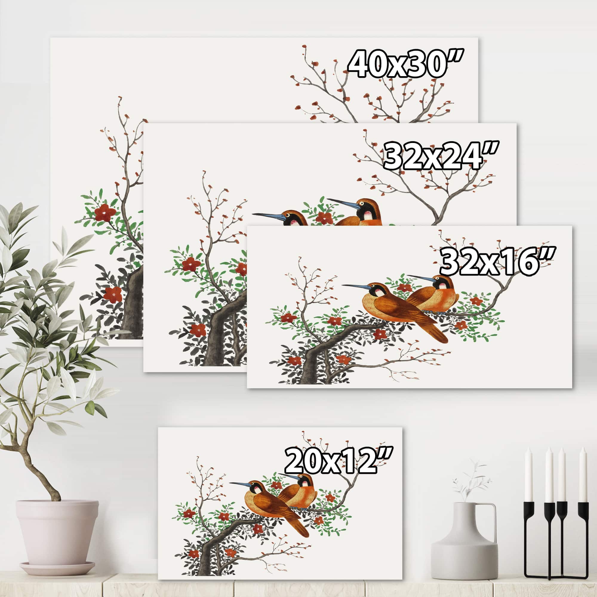 Designart - Two Chinese Birds On A Flowering Tree Branch - Traditional Canvas Wall Art Print