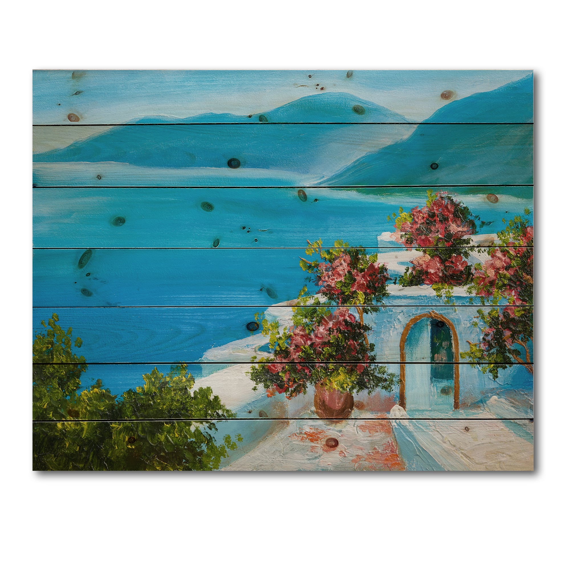 Designart - House Near The Sea Colorful Flowers I - Nautical &#x26; Coastal Print on Natural Pine Wood