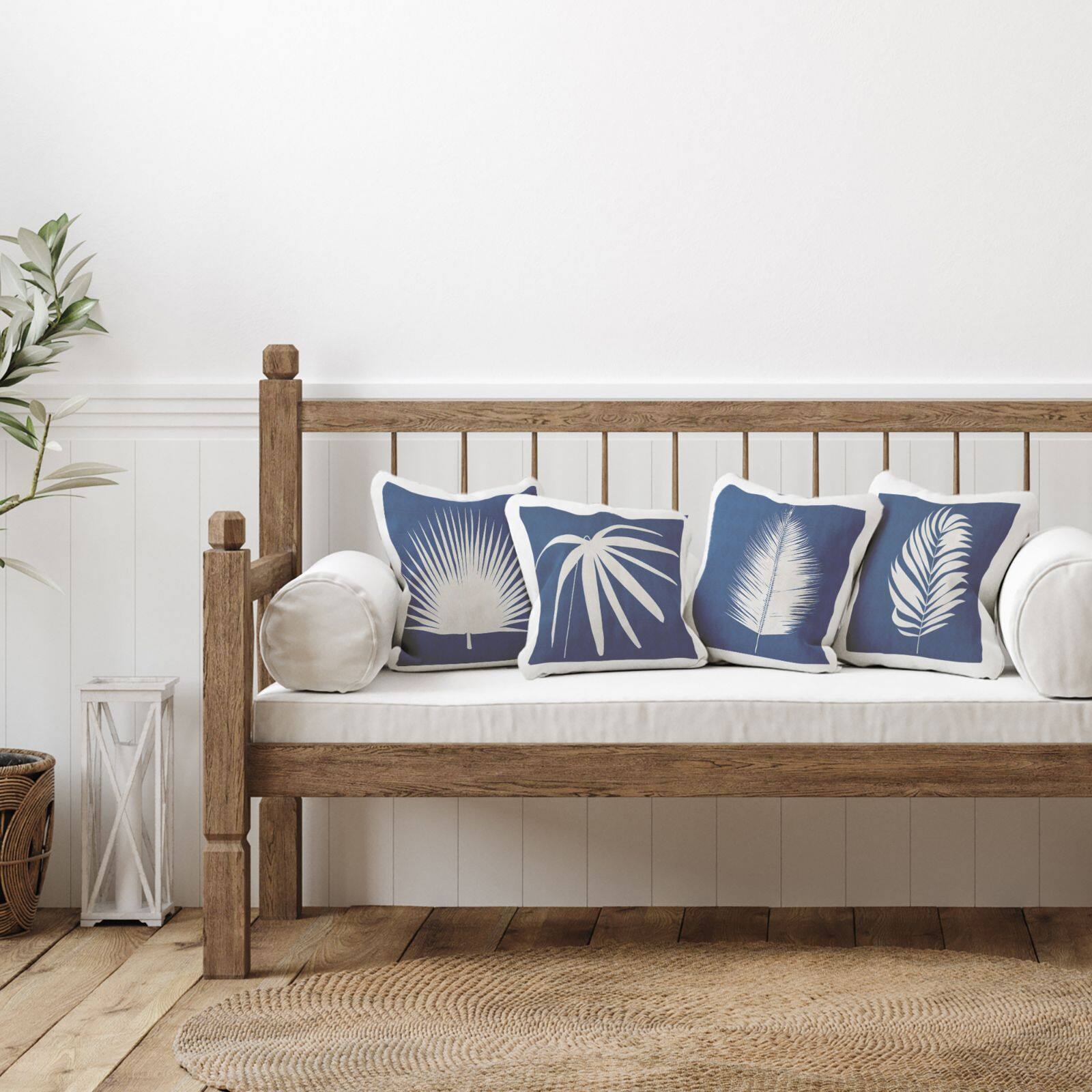 Stupell Industries Bold Blue White Modern Botanical Leaf Shapes 4 Pillow Set, 18" x 18"