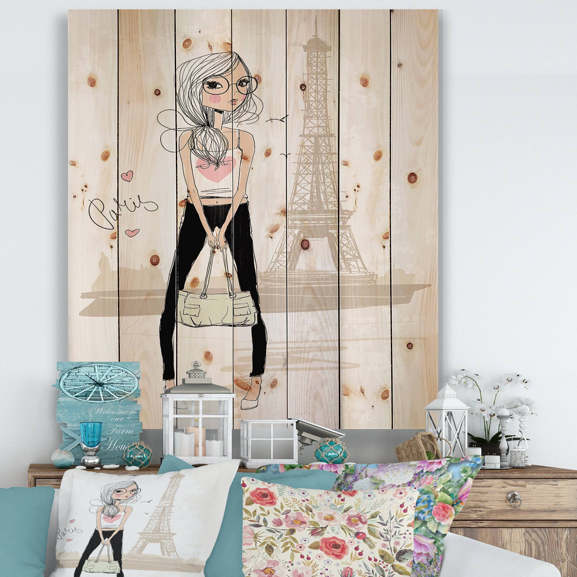 Designart - Cute Girl By The Tour Eiffel In Paris - Children's Art Print on Natural Pine Wood
