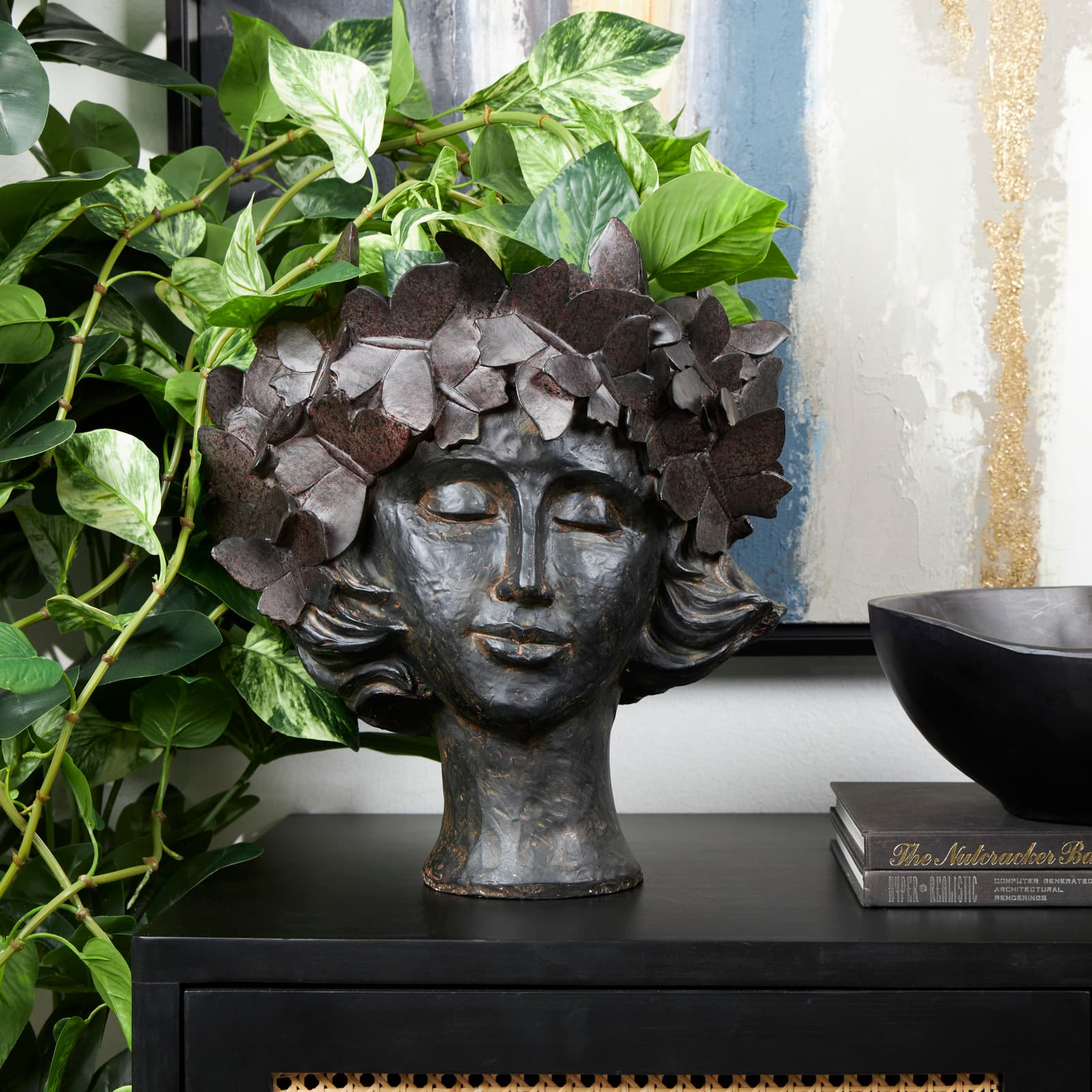 14&#x22; Bronze Woman Head &#x26; Butterflies Planter