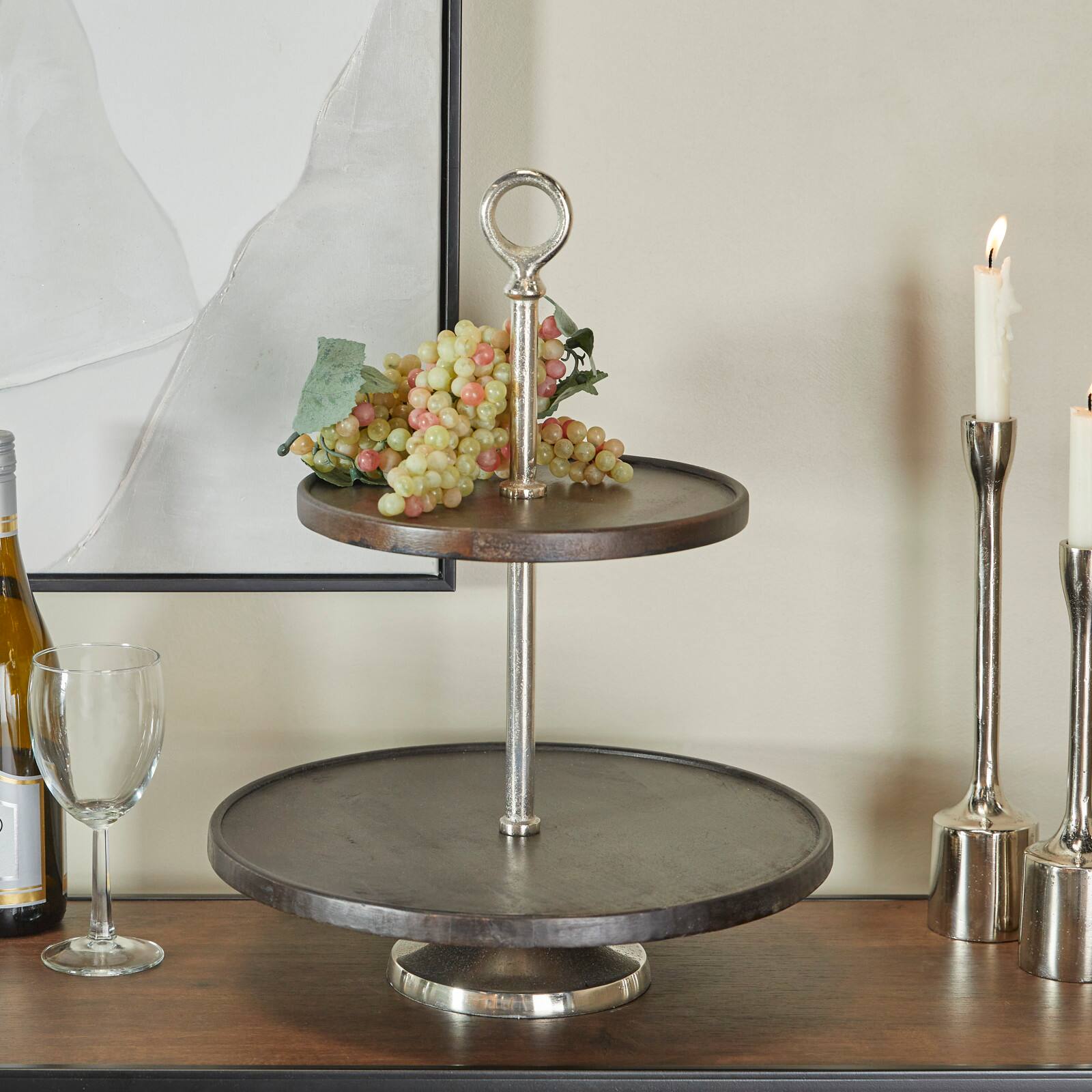 18&#x22; Dark Brown Mango Wood 2 Tiered Server