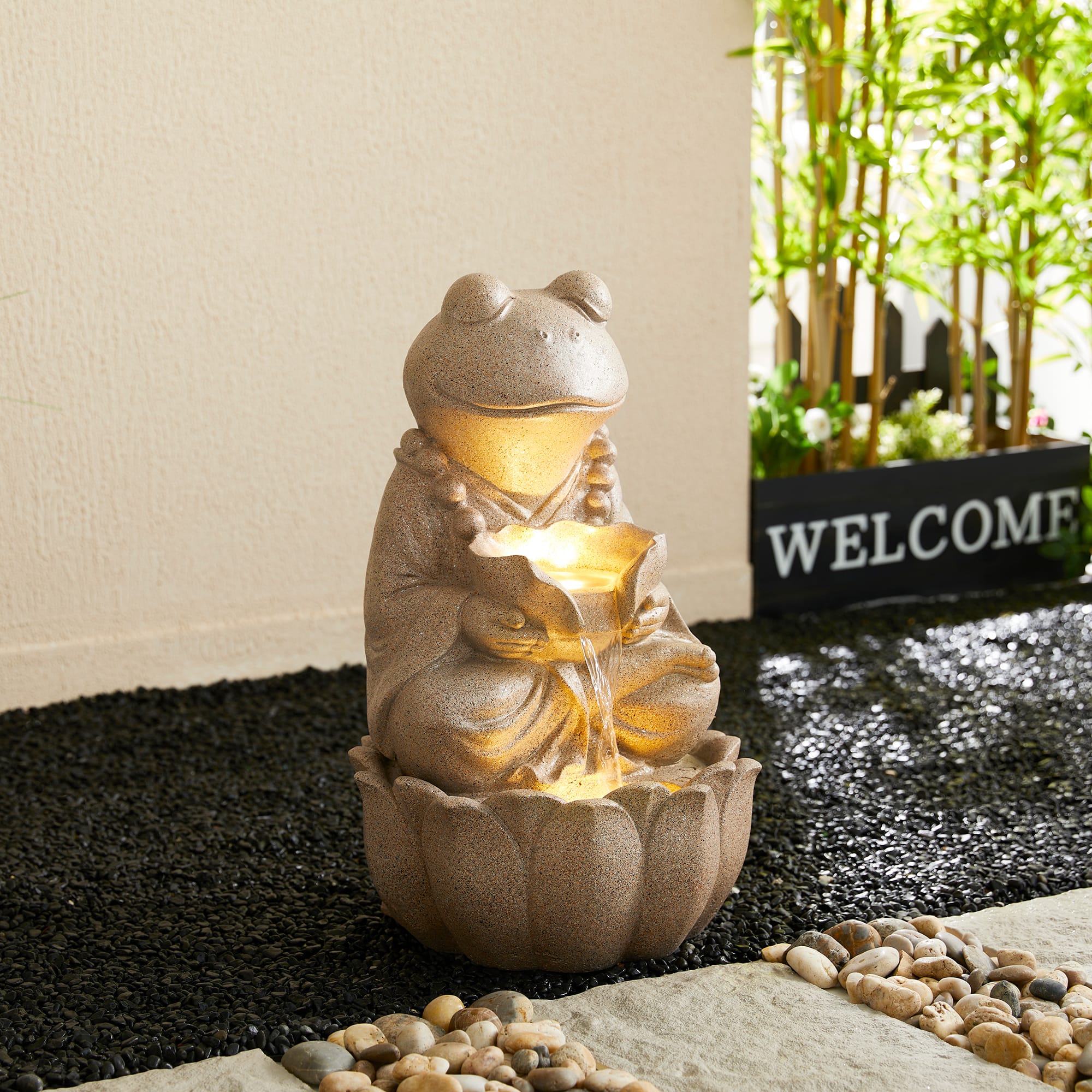 Glitzhome® 21.75" Sand Beige Zen-Style LED 2-Tier Frog Outdoor Fountain