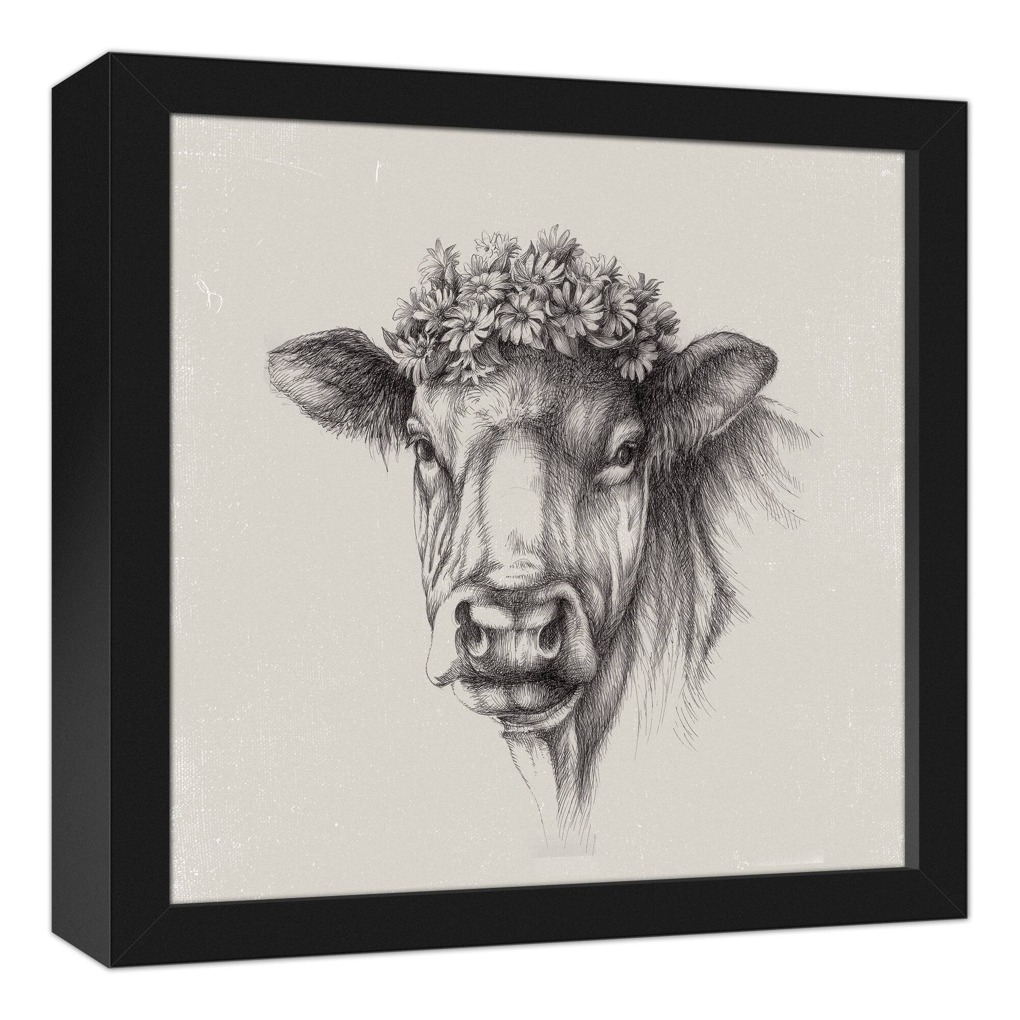 Cow Sketch 17.73" x 17.73" Black Framed Canvas