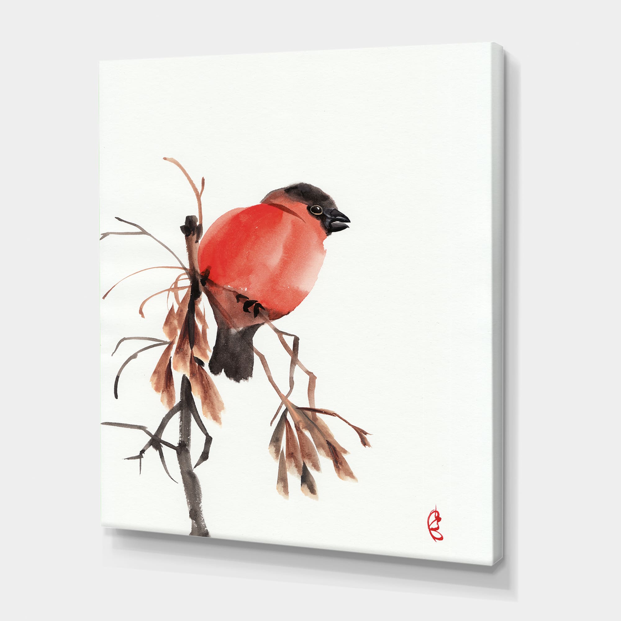 Designart - Red Bullfinch Bird On A Branch - Traditional Canvas Wall Art Print