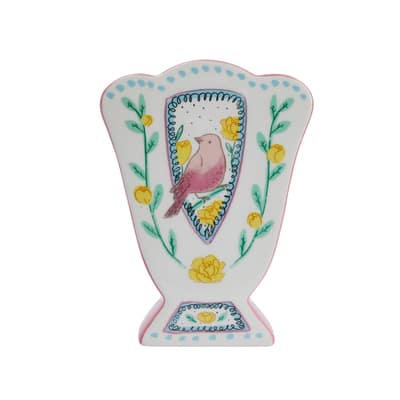 Creative Co-Op Ceramic Fan Shaped Vase with Birds