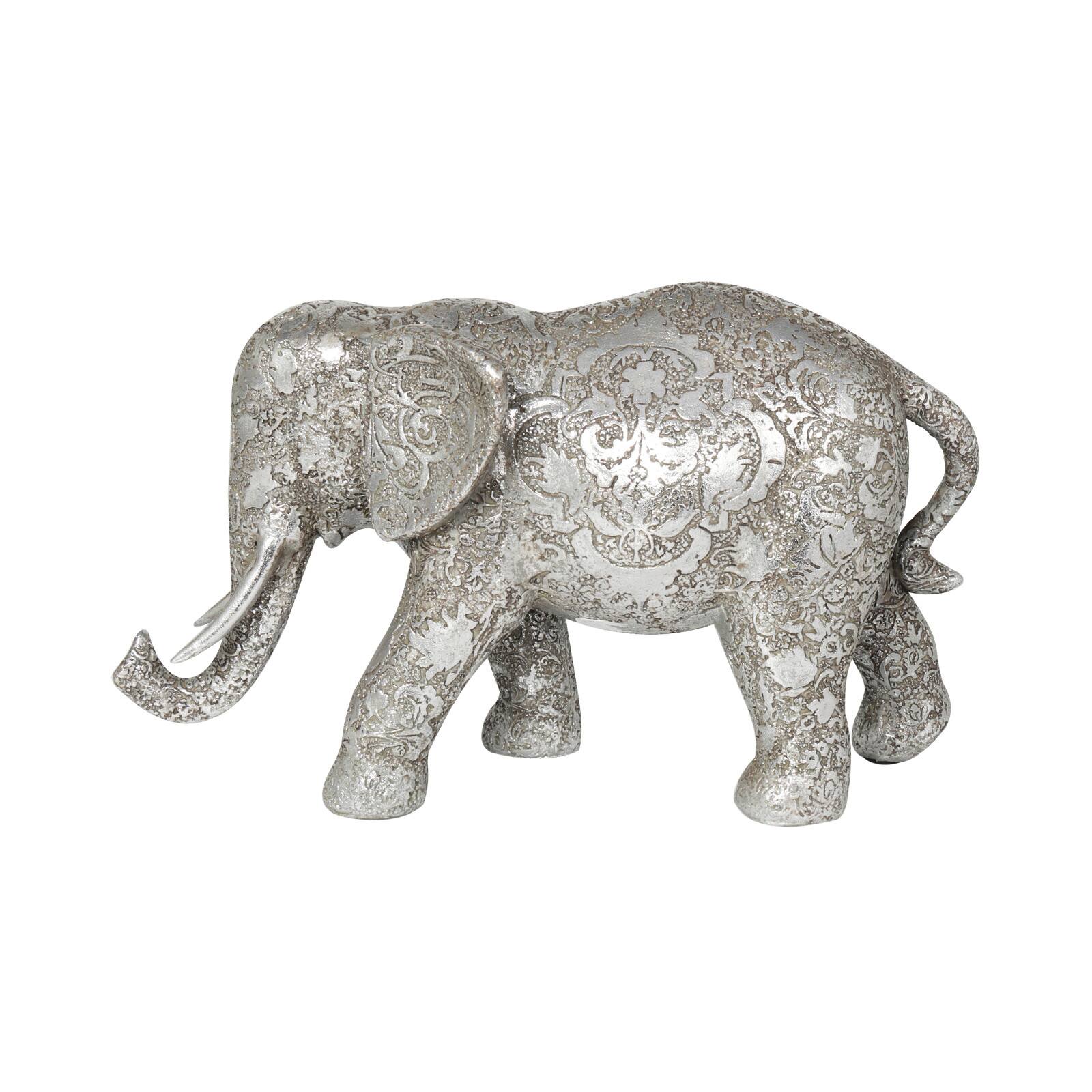 7" Silver Elephant Engraved Floral Sculpture