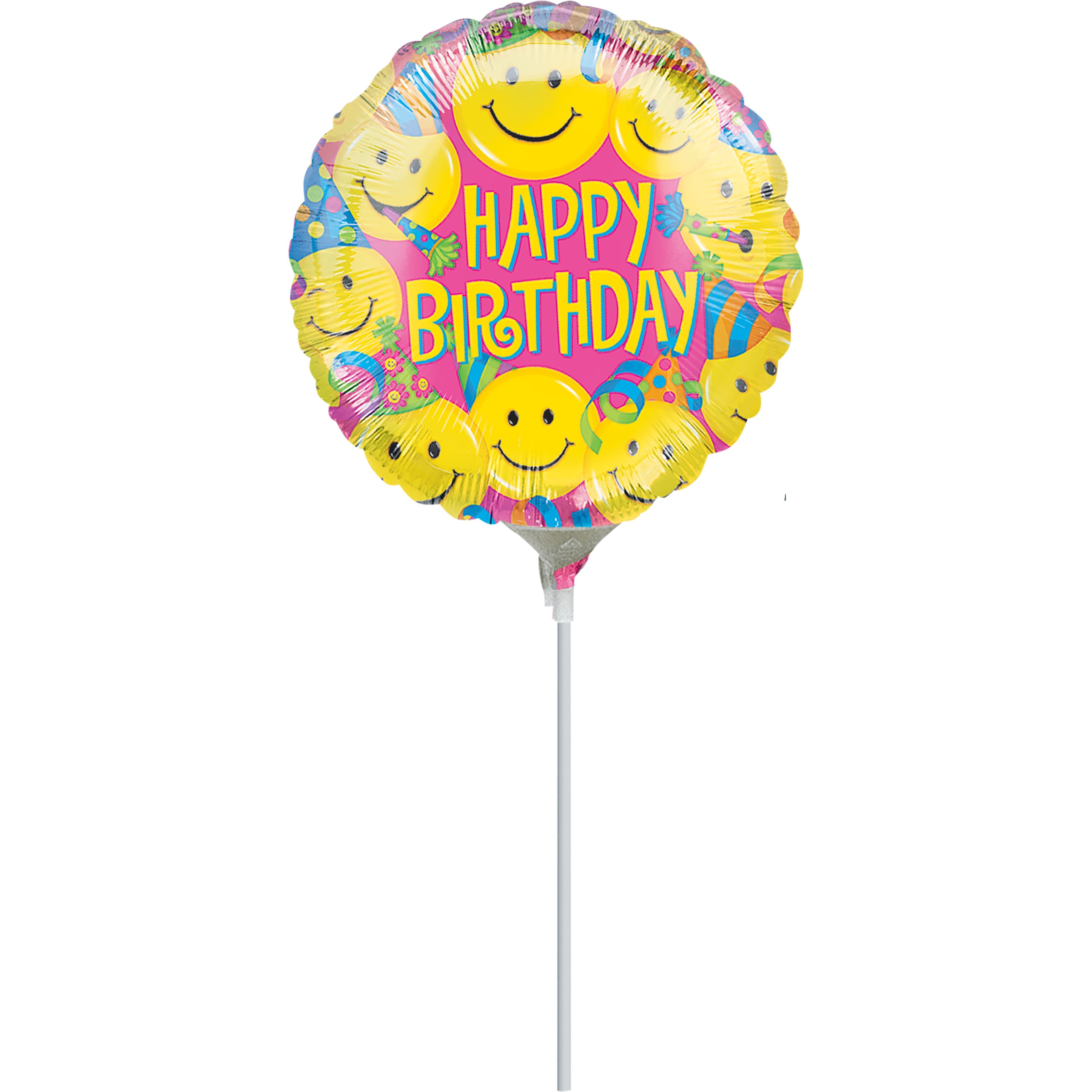 9&#x22; Smiley Face Happy Birthday Foil Balloon Stick