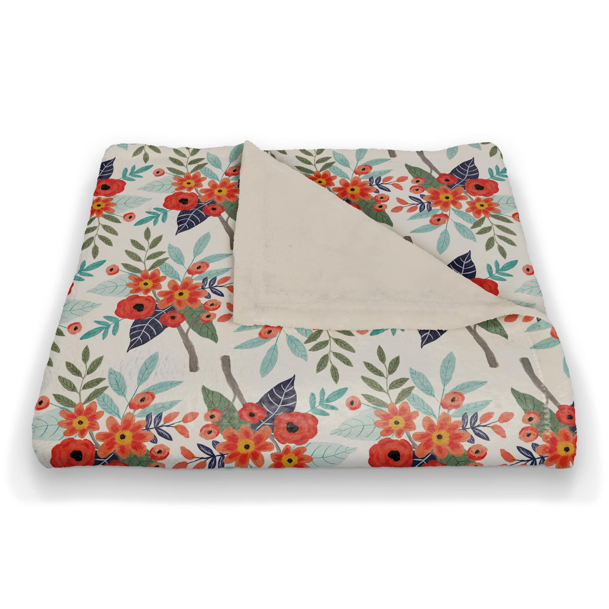 White Throw Blanket with Orange Floral Pattern