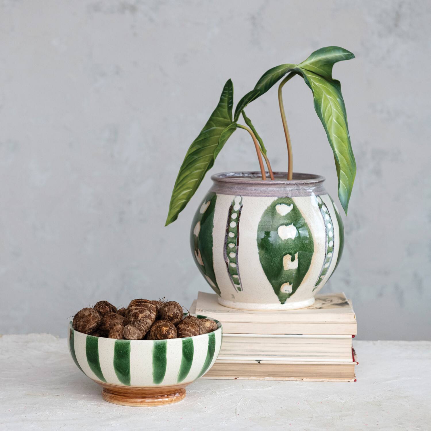 Hello Honey® 11.25" Green & Cream Round Hand-Painted Stoneware Planter