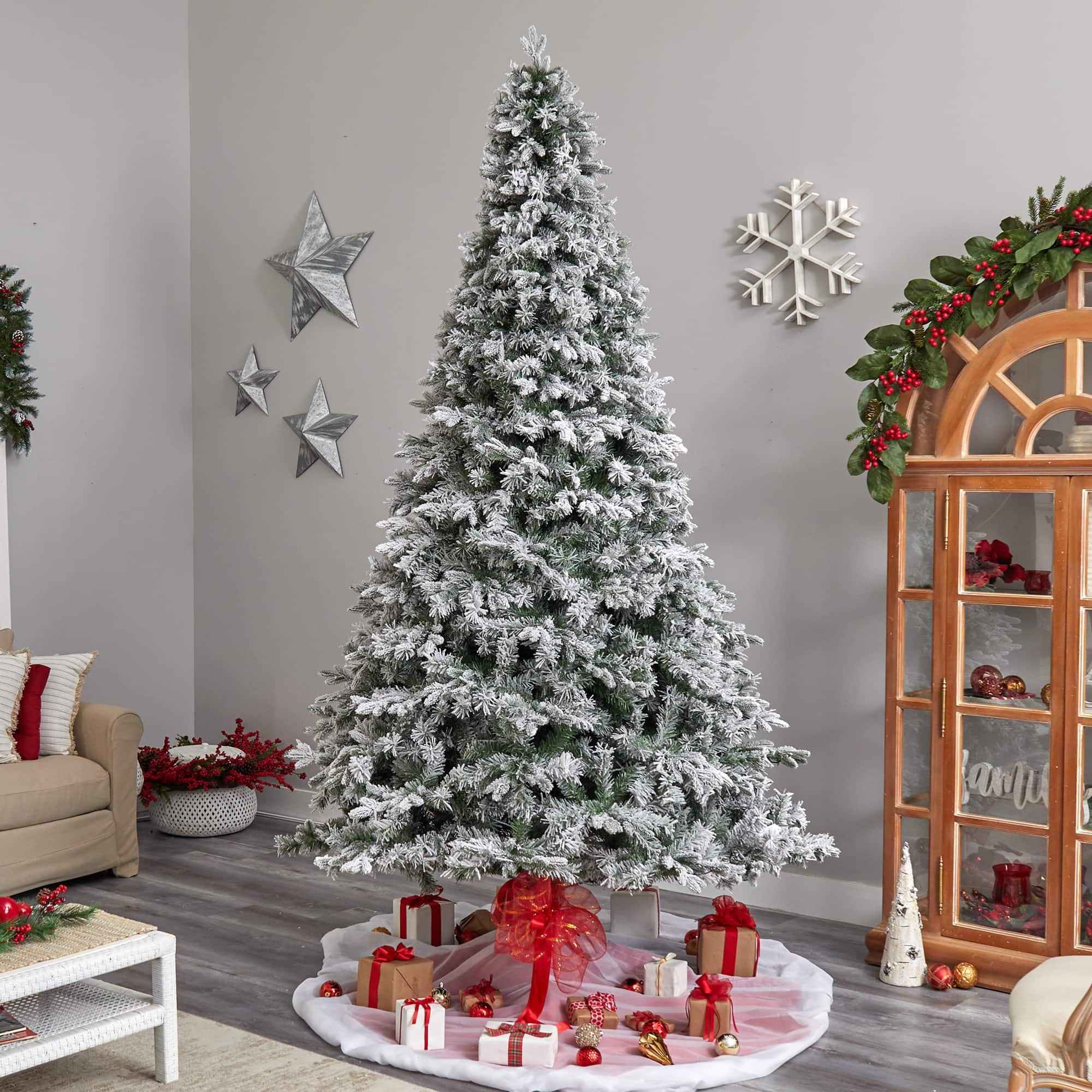 10ft. Pre-Lit Flocked Vermont Mixed Pine Artificial Christmas Tree, Clear LED Lights