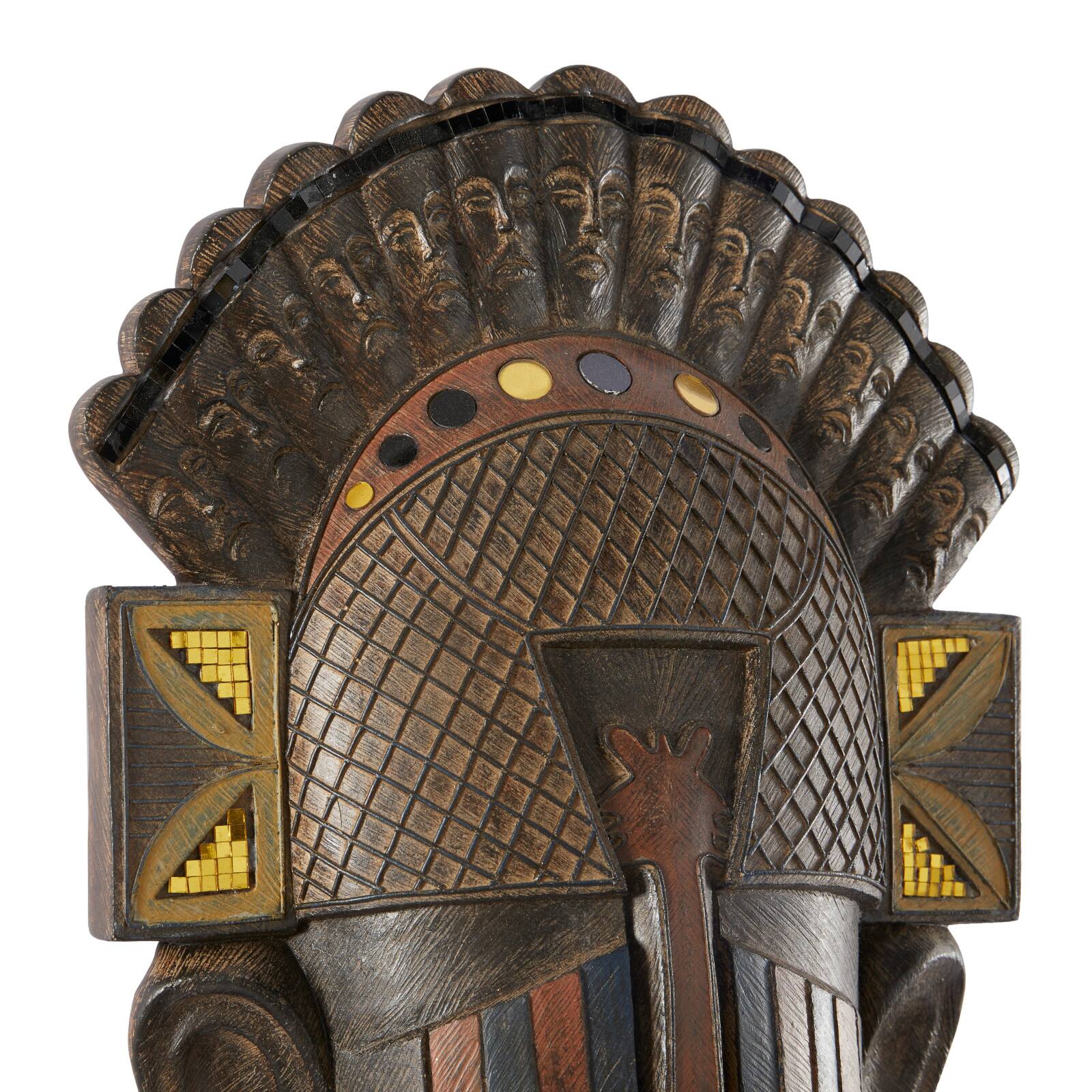 Brown Polystone Primitive African Mask Sculpture 12" x 4" x 24"