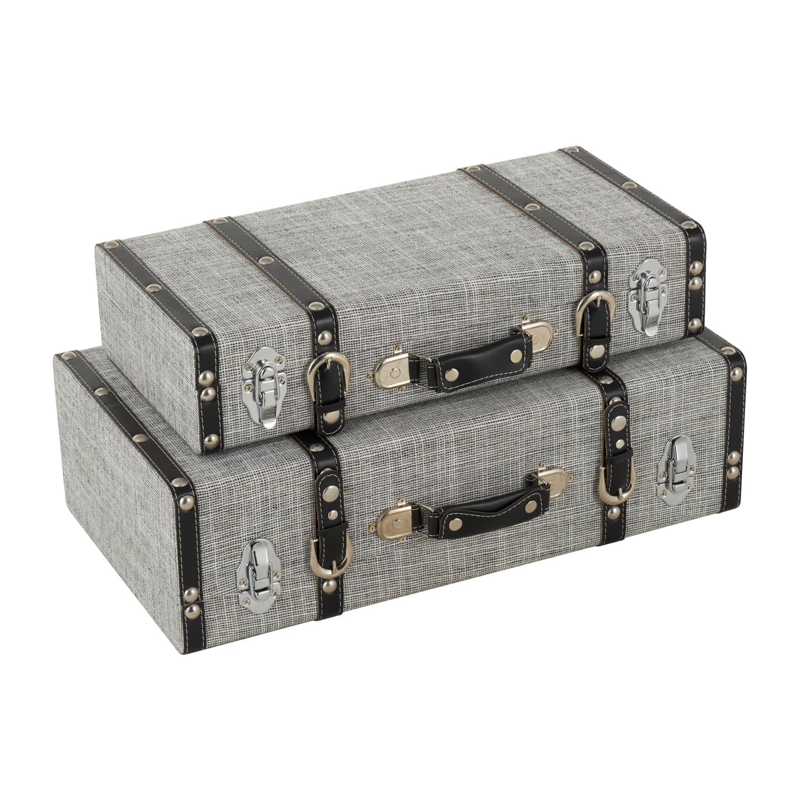 Gray Fabric Woven Storage Decorative Trunk with Silver Latches & Buckles Set