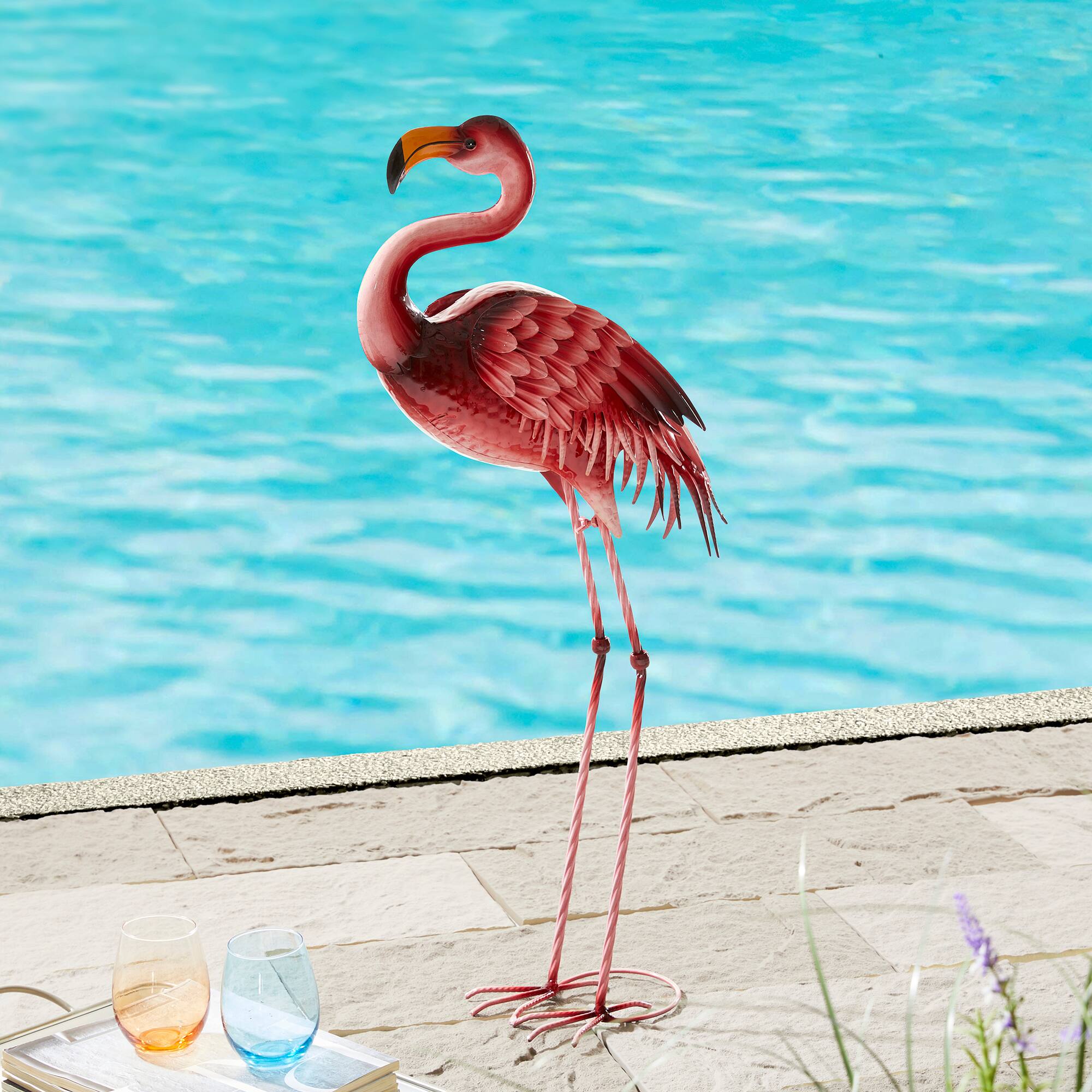 Glitzhome® Metal Standing Flamingo Garden Statue with Stakes Set