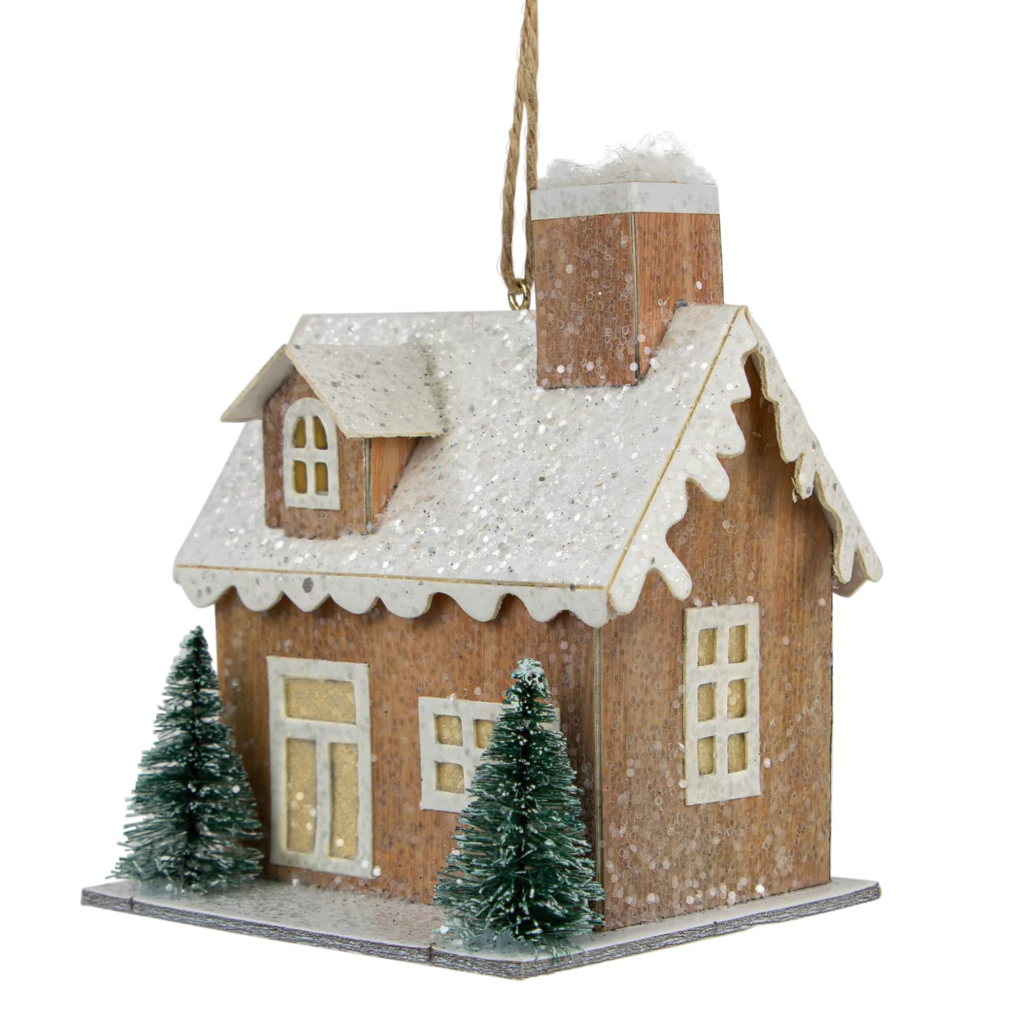 4&#x22; Battery Operated Tan Brown and White Lighted House Christmas Ornament