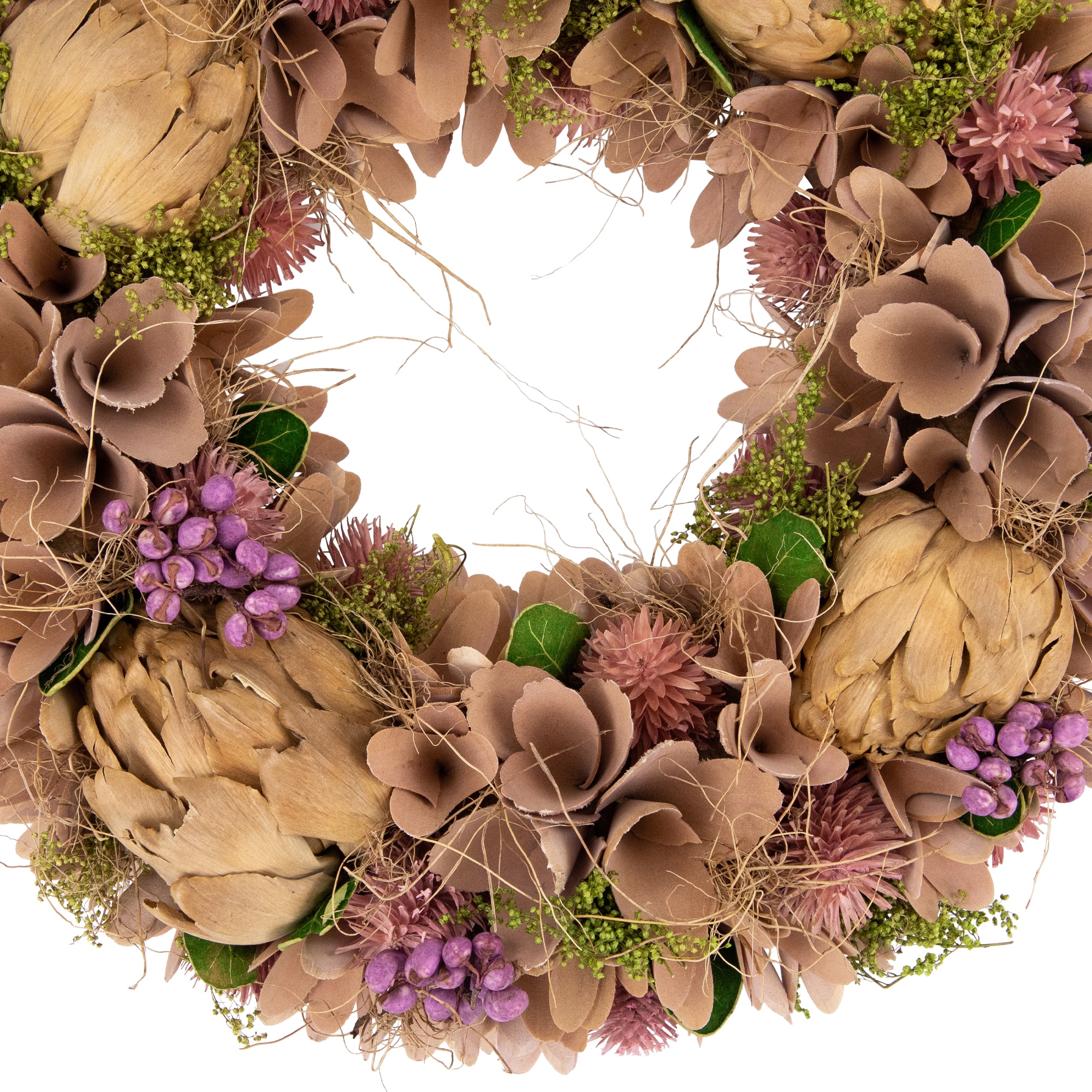 12&#x22; Purple &#x26; Beige Wooden Floral &#x26; Preserved Artichoke Wreath