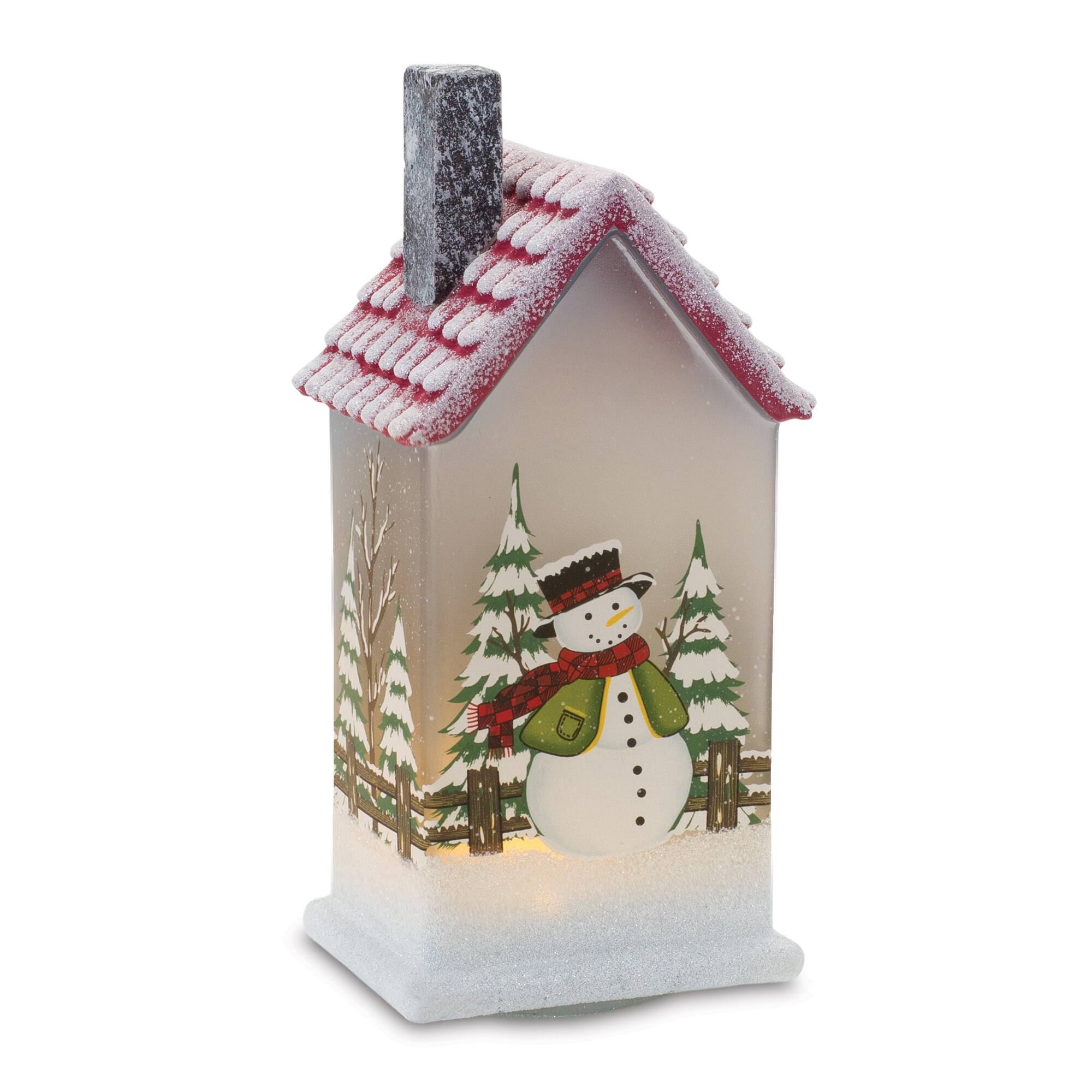 9" Frosted Glass Home with Snowman LED Tabletop Town Décor Set