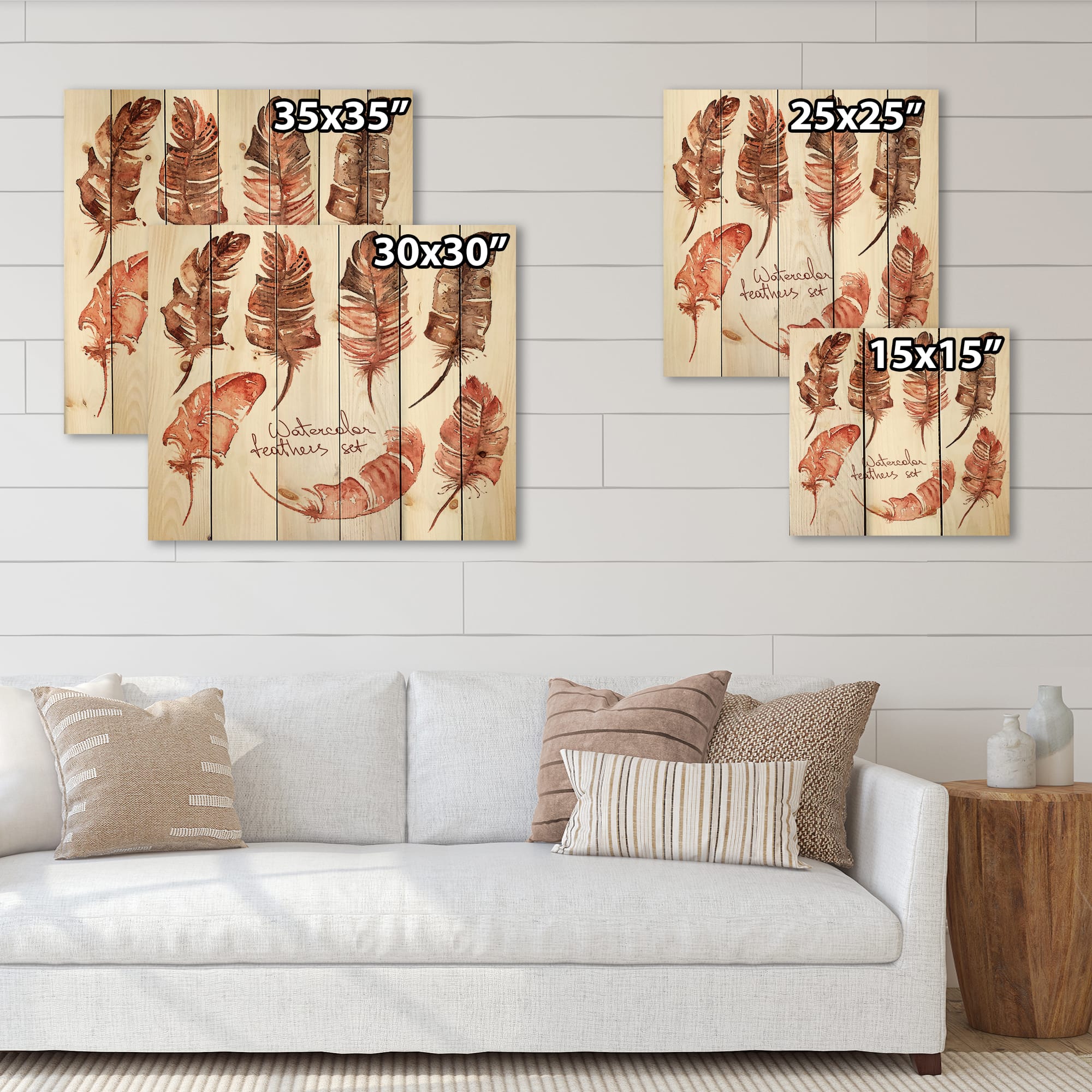 Designart - Boho Feather Icons - Bohemian &#x26; Eclectic Print on Natural Pine Wood