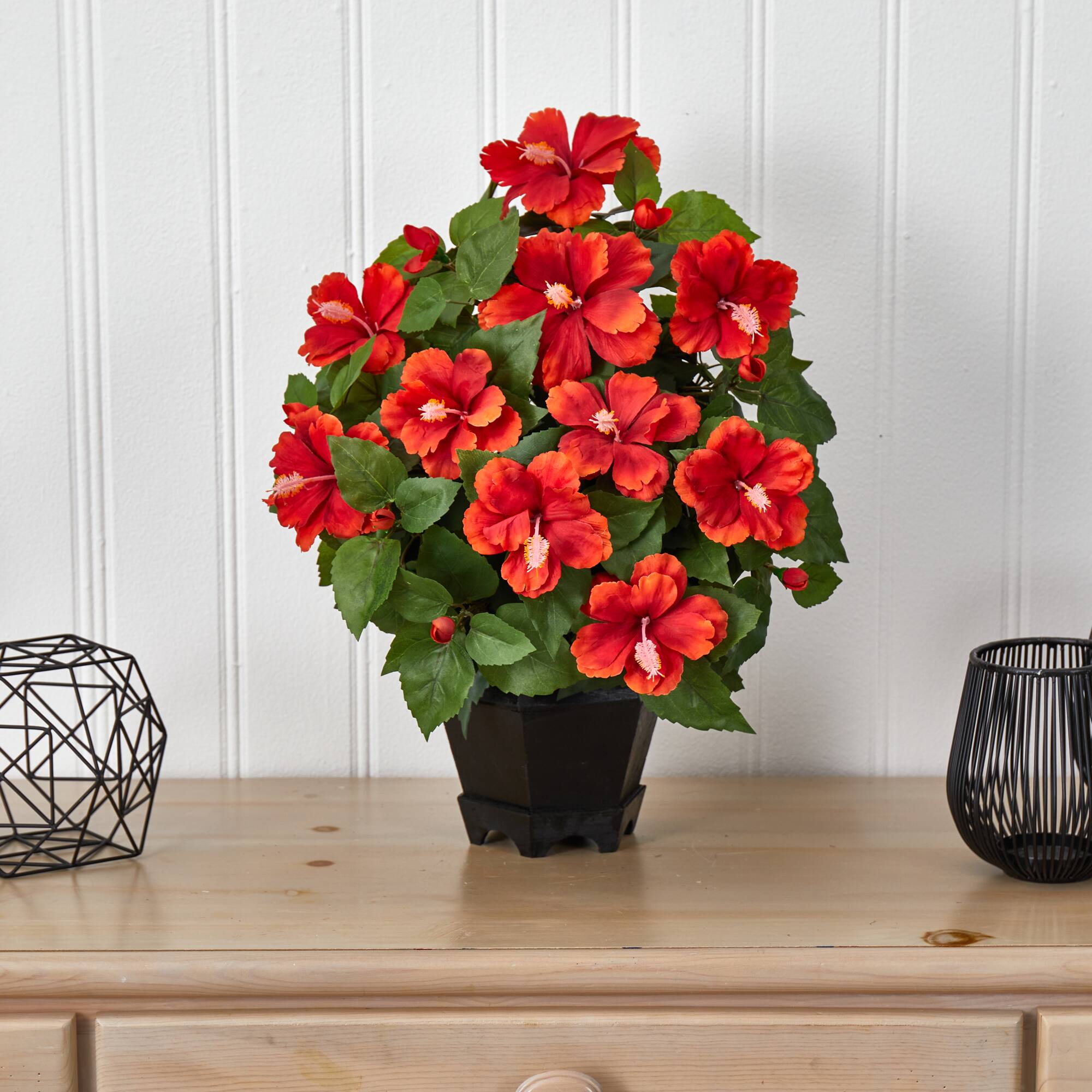 20" Orange Hibiscus with Black Hexagon Vase