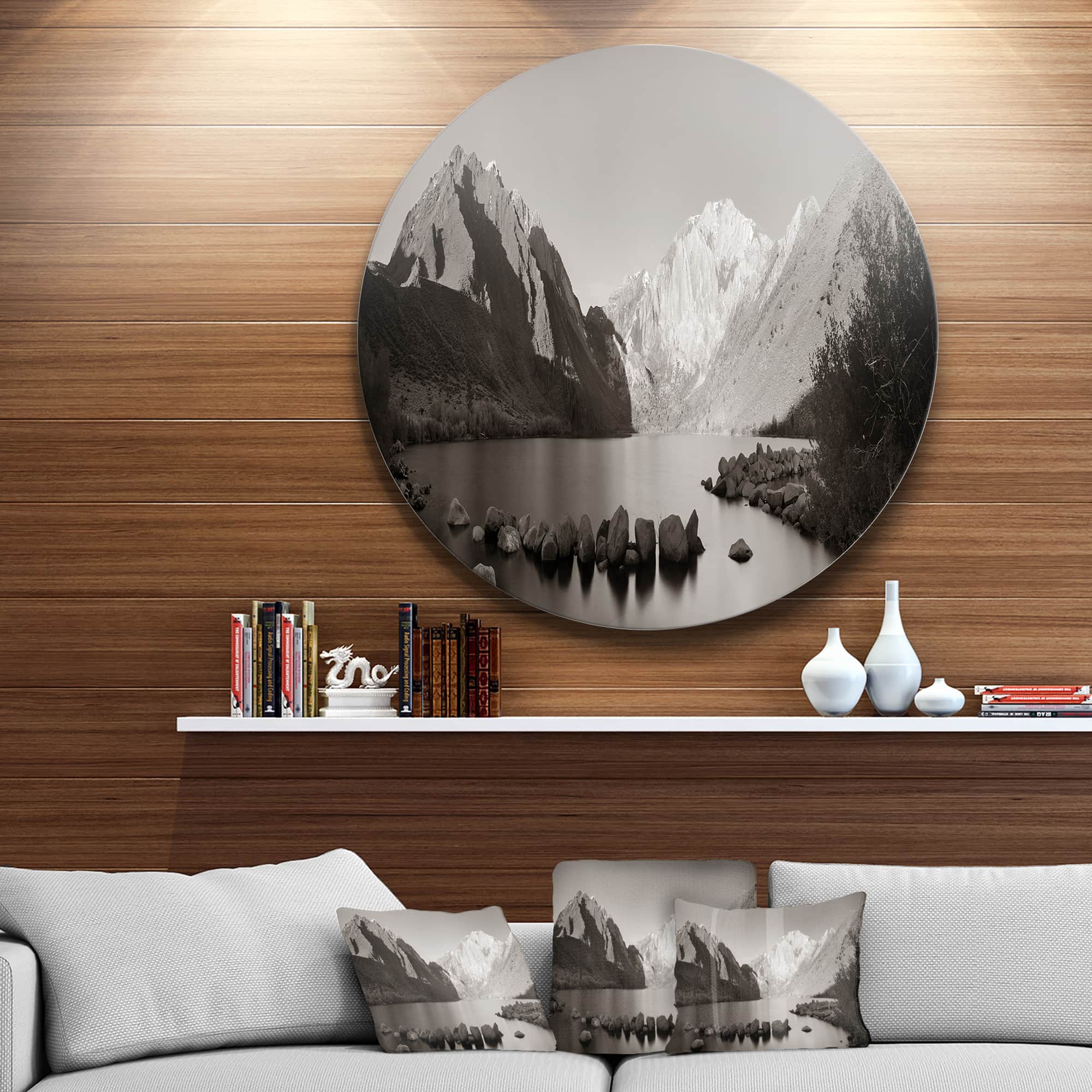 Designart - Snow Mountain Lake Panorama' Disc Large Landscape Metal Circle Wall Art