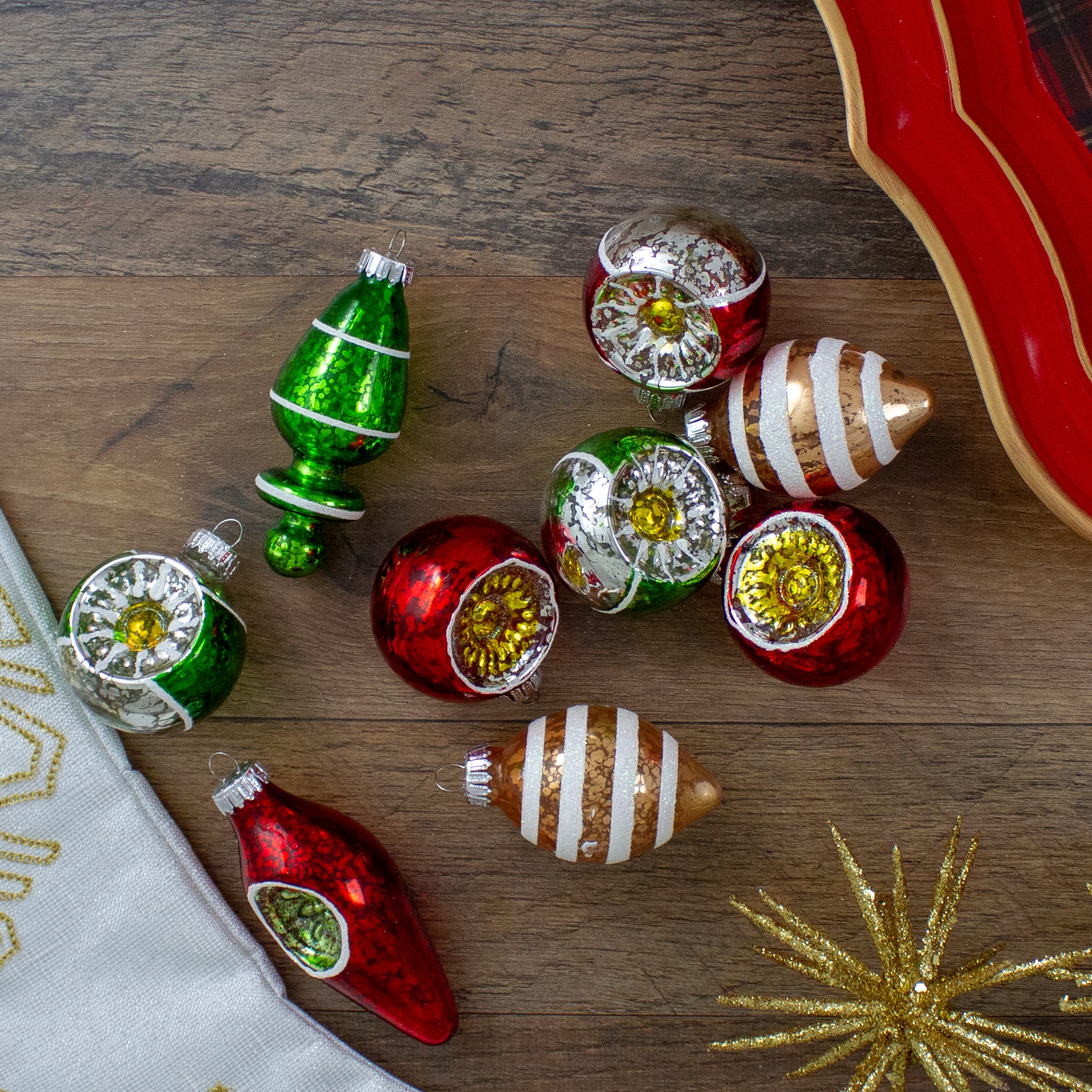 9ct. 2-Finish Silver &#x26; Red Glass Retro Reflector Ornaments