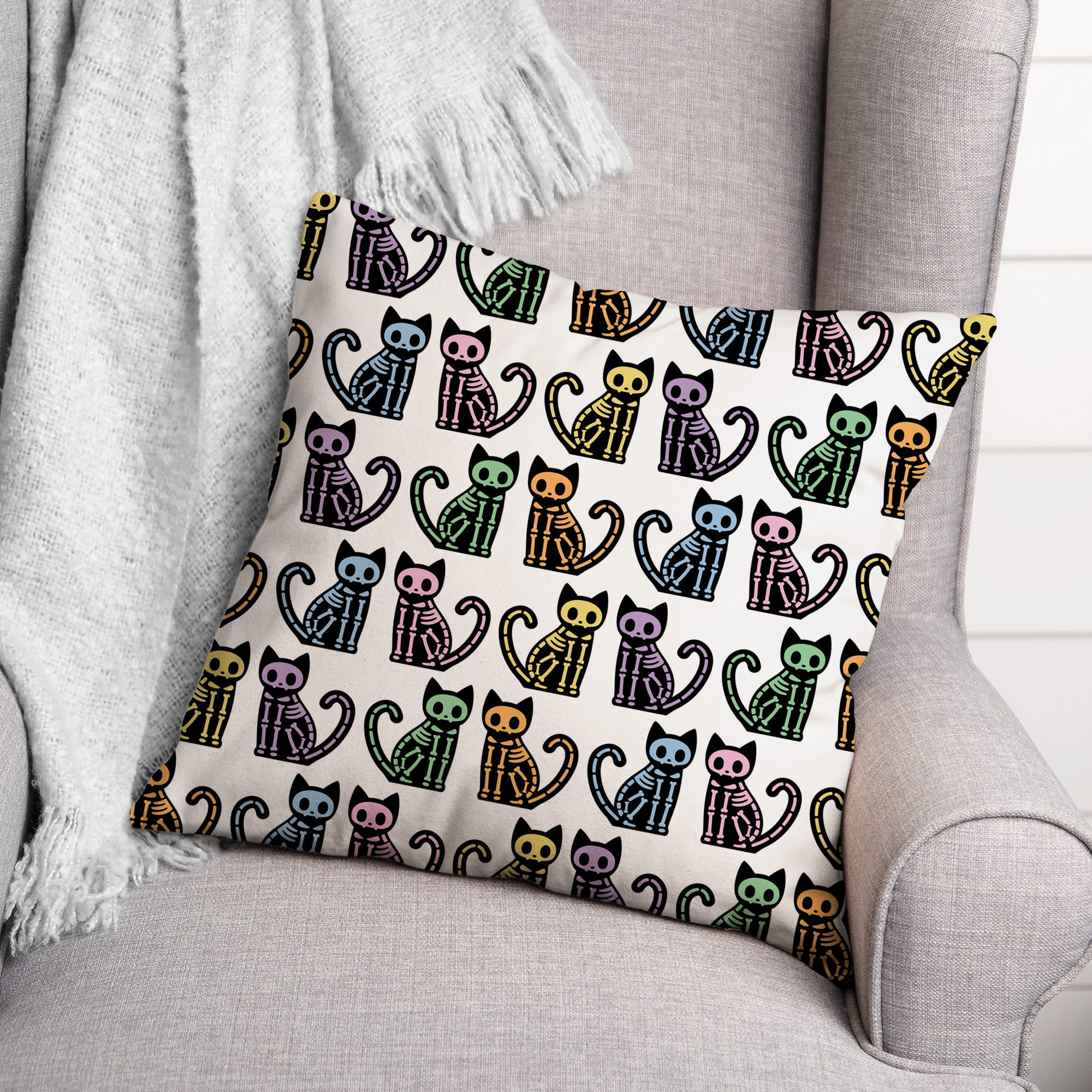 Skeleton Cat Pattern Throw Pillow