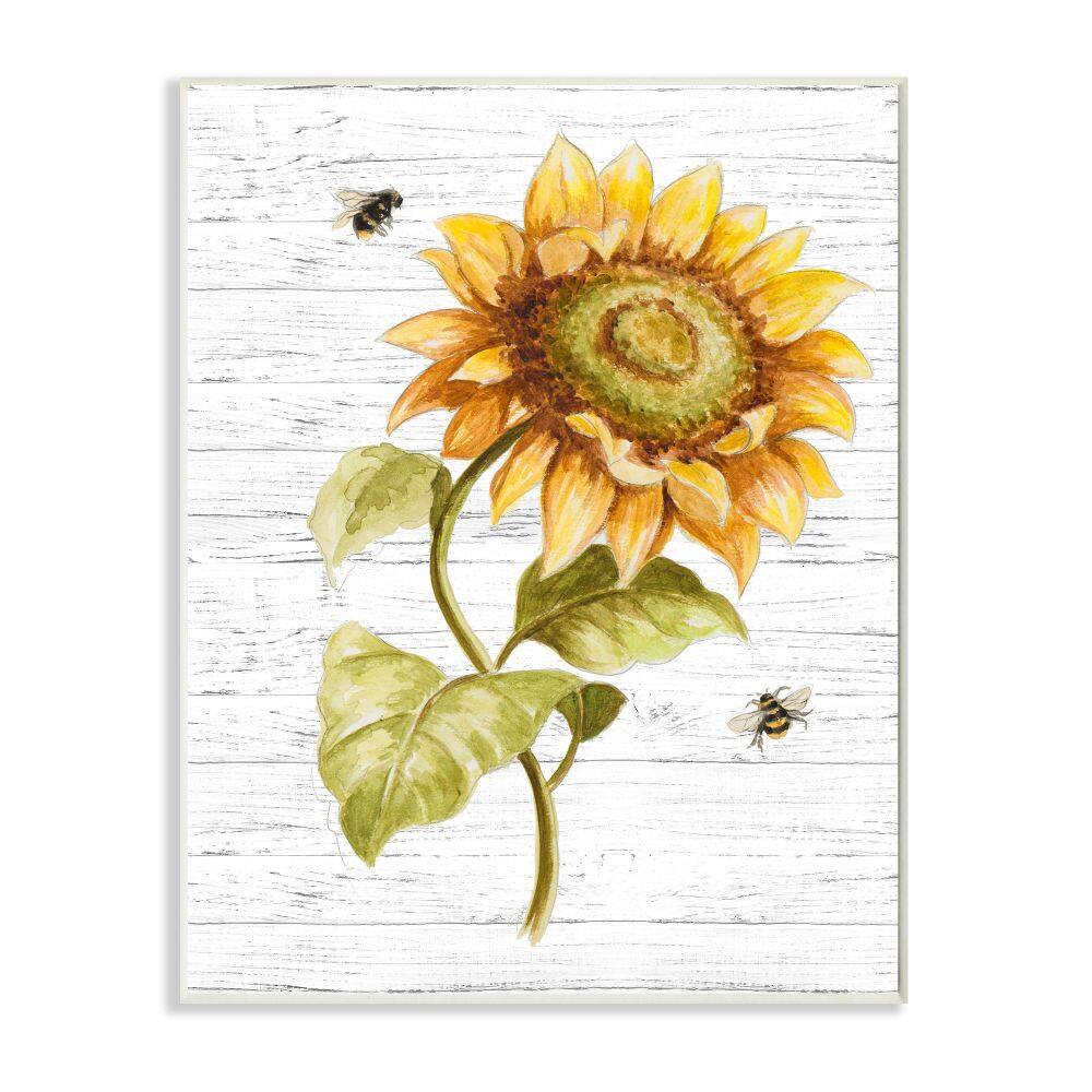 Stupell Industries Rustic Sunflower Floral Roaming Honey Bee Insect Wood Wall Plaque