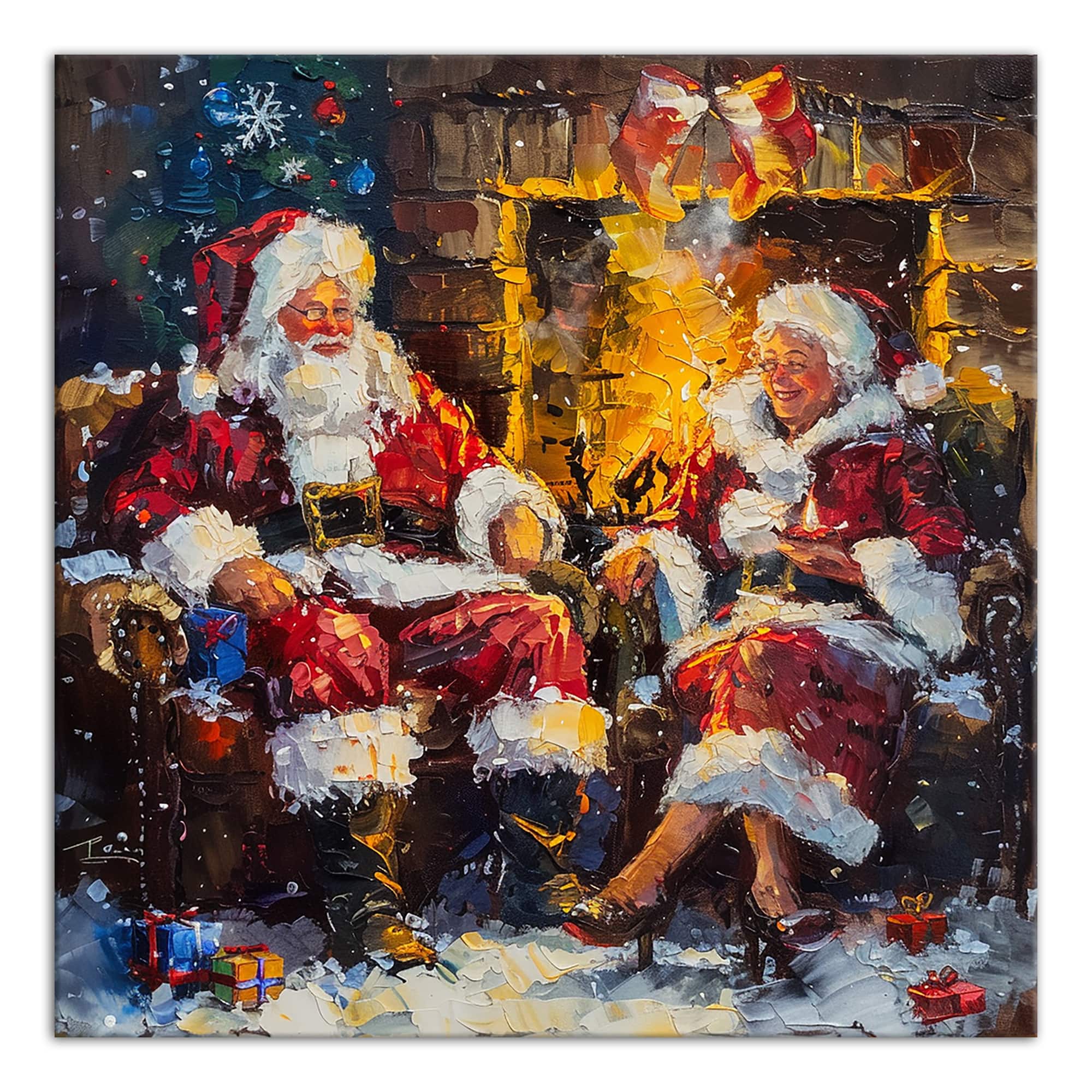 Santa and Mrs. Claus Cozy Fire 12" x 12" Canvas Wall Art