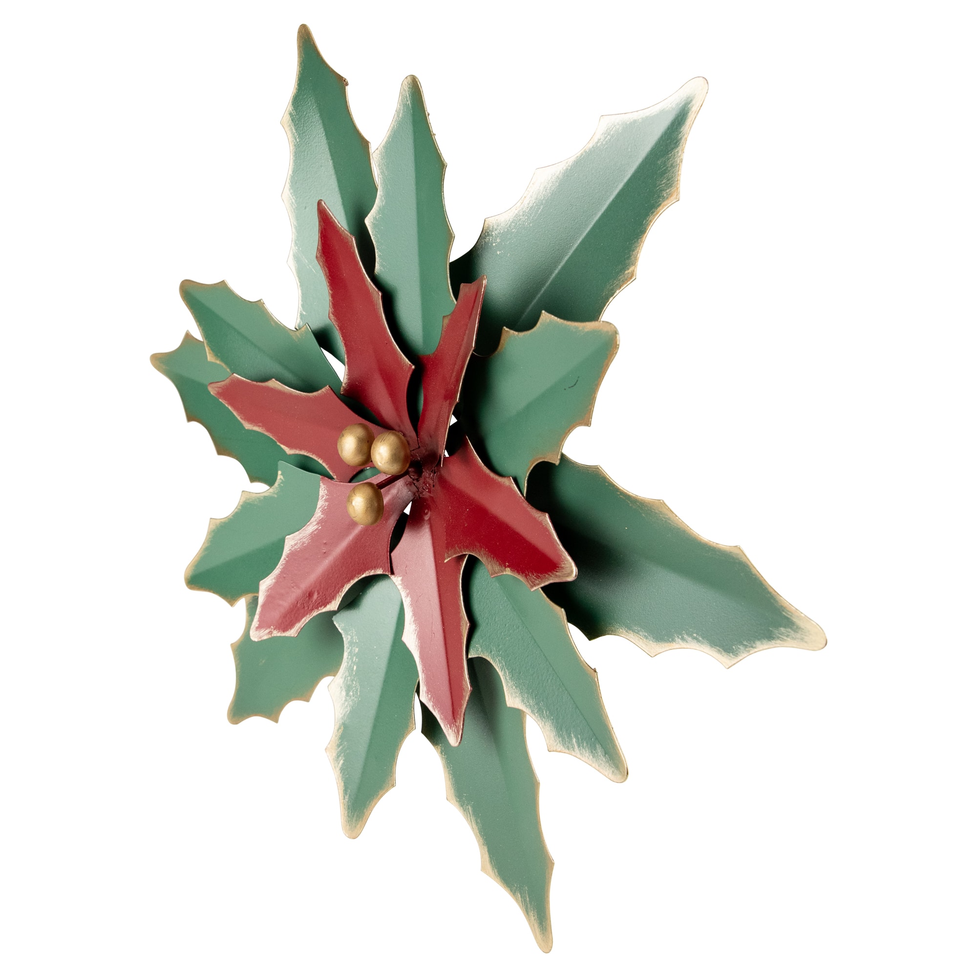 14&#x22; Small Green and Red Metal Poinsettia Christmas Wall Hanging