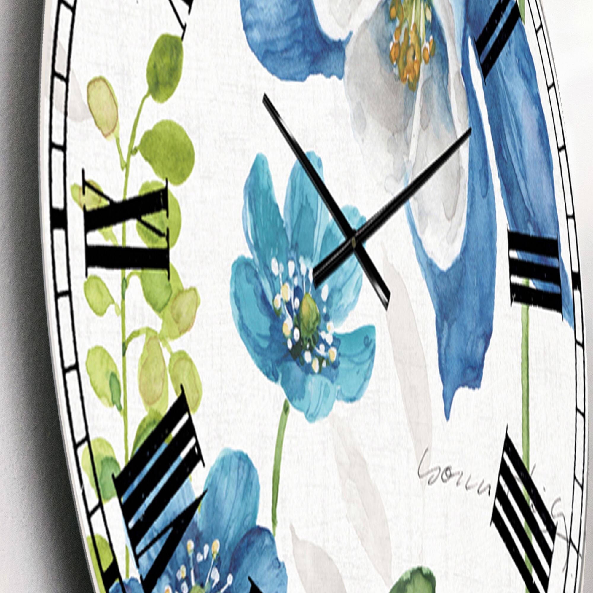 Designart 'Blue Columbine Flowers With Butterfly Traditional Wall Clock