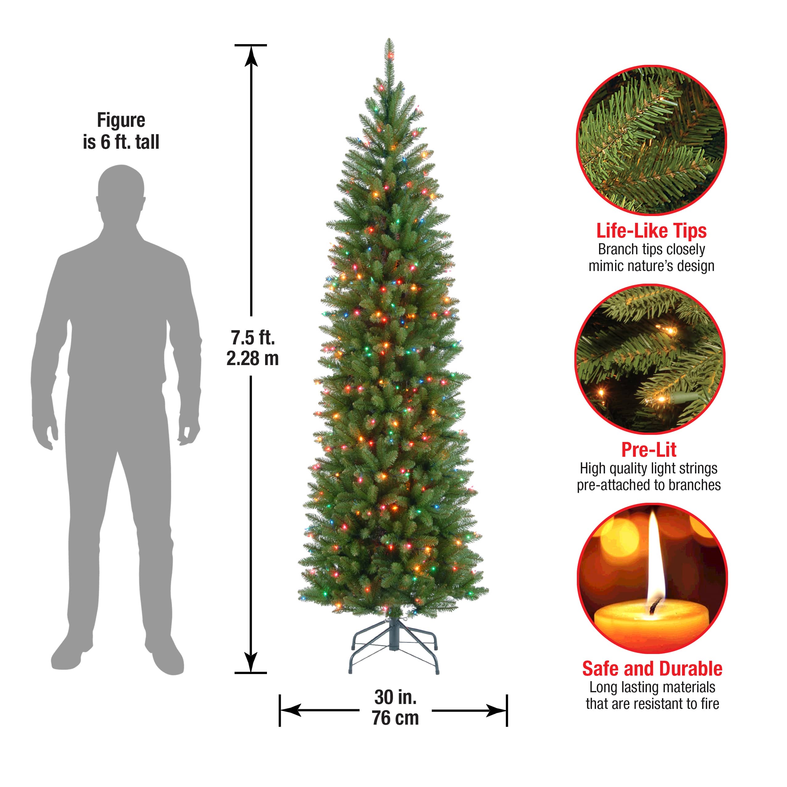 7.5 ft. Pre-lit Kingswood Fir Pencil Artificial Christmas Tree, Multicolor Lights