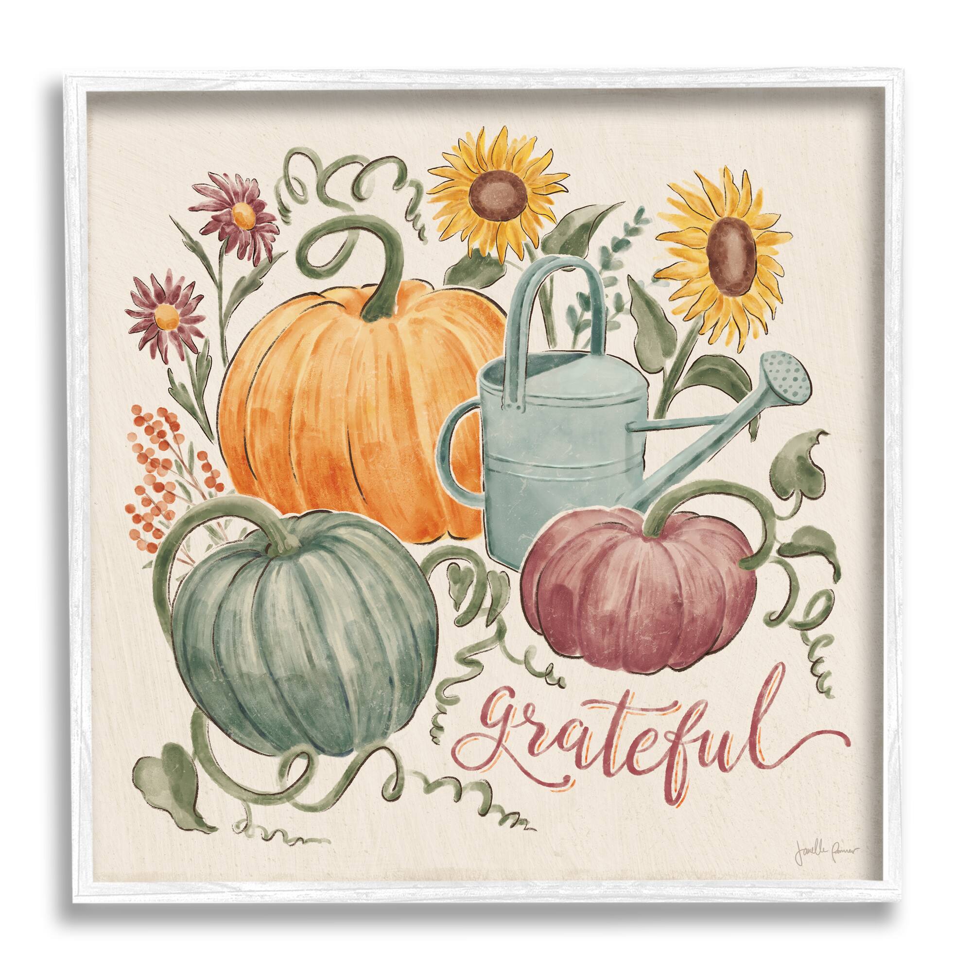 Stupell Industries Grateful Floral Fall Pumpkins Framed Giclee Art