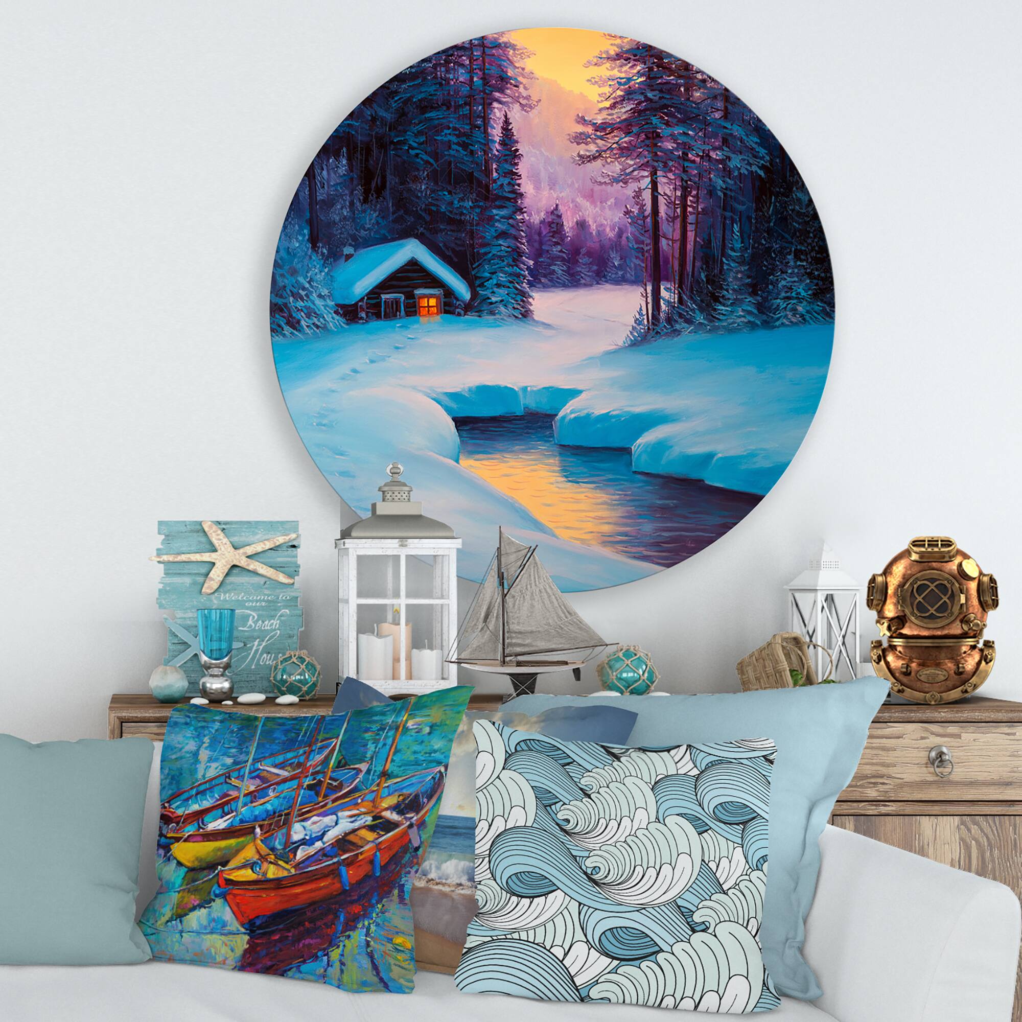 Designart - Old Cabin In Winter Forest II - Traditional Metal Circle Wall Art