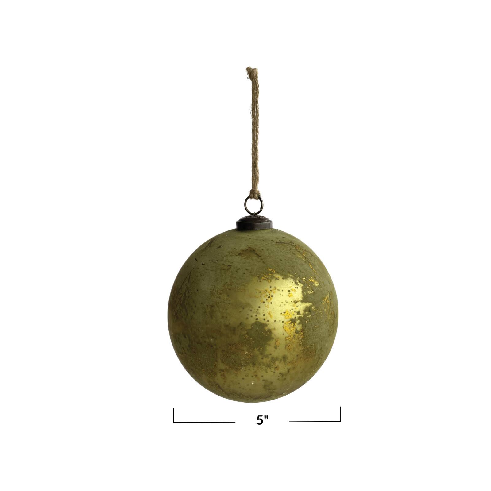 Hello Honey&#xAE; 5&#x22; Olive Green &#x26; Gold Matte Distressed Ball Glass Ornament