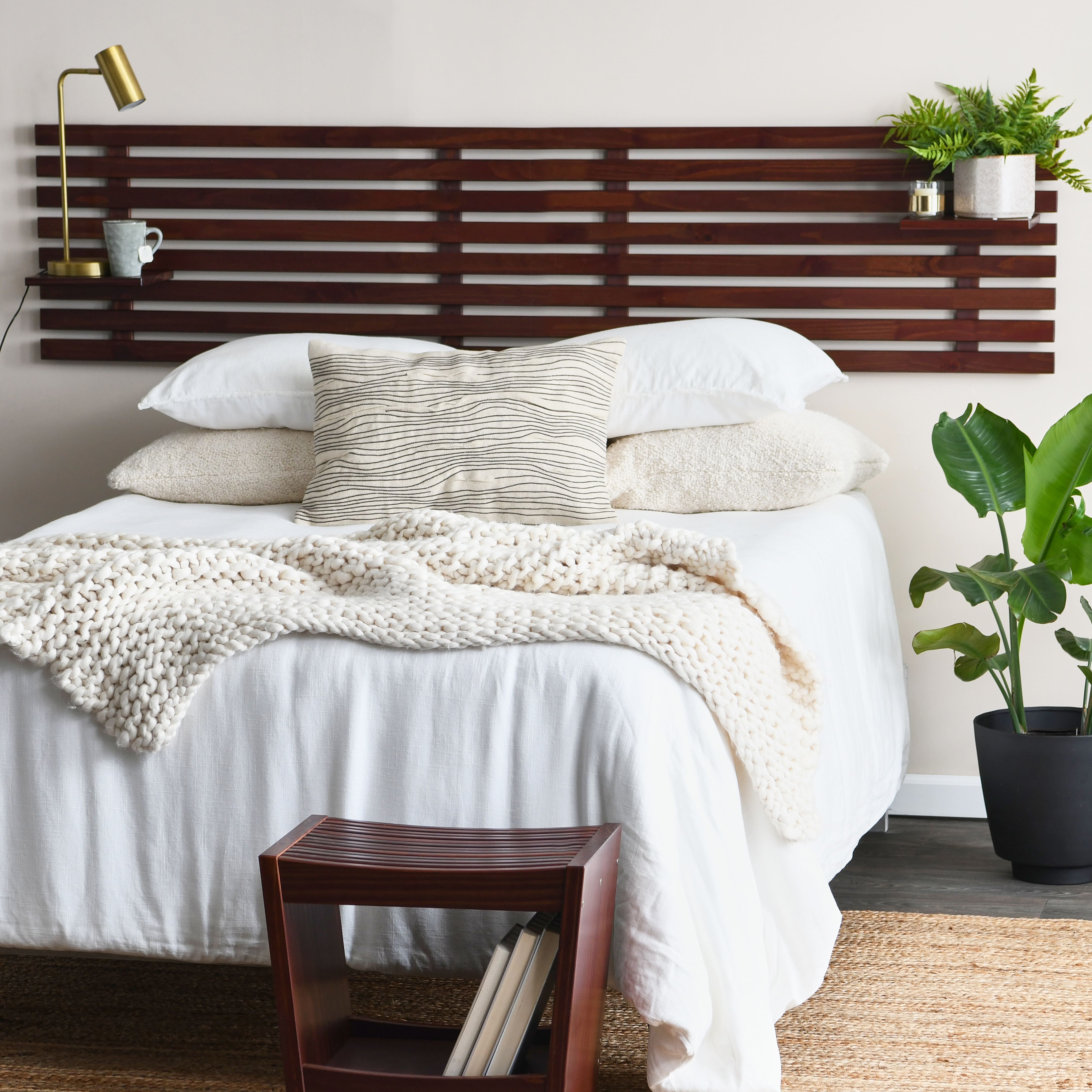 Hello Honey® Adjustable Walnut Solid Wood 2-Panel Headboard Set with Wall Storage for Twin, Queen or King