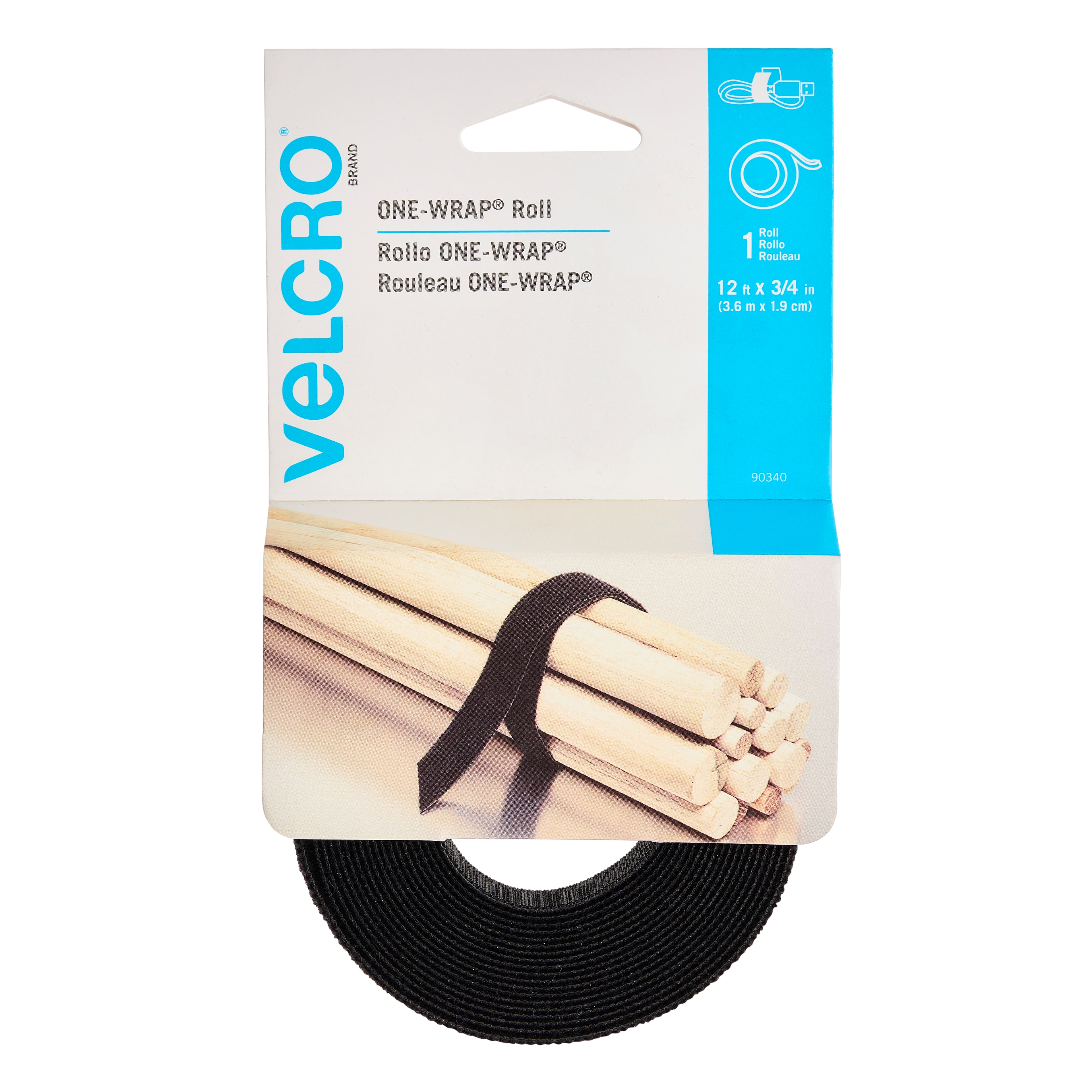VELCRO® Brand ONE-WRAP® Black Roll, 12ft.